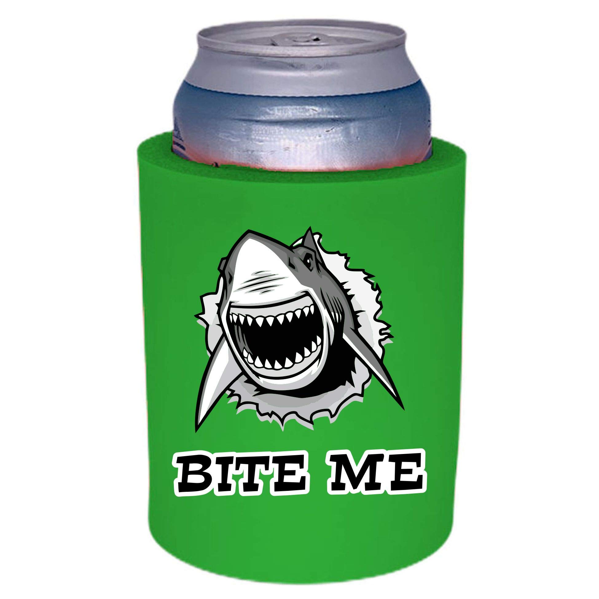 "Bite Me" Shark Can Cooler - Thick 3/8" Foam Can Koozie, Bright Green, Fits 12 Oz Cans