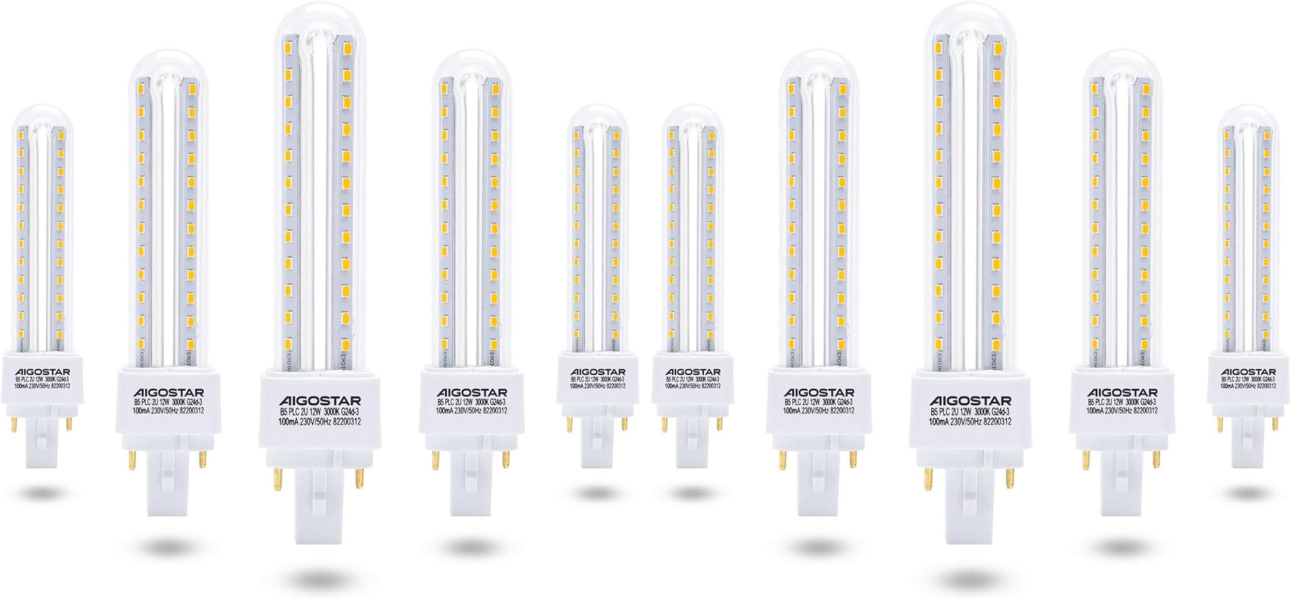 Aigostar Led Warmweiß 12W PLC G24 Leuchtmittel Mains Birne Lampe 3000K 1180 Lumen Abstrahlwinkel 360 Grad 2U Glühbirnen 5 Stücke Energiesparsam (Packung mit 2)