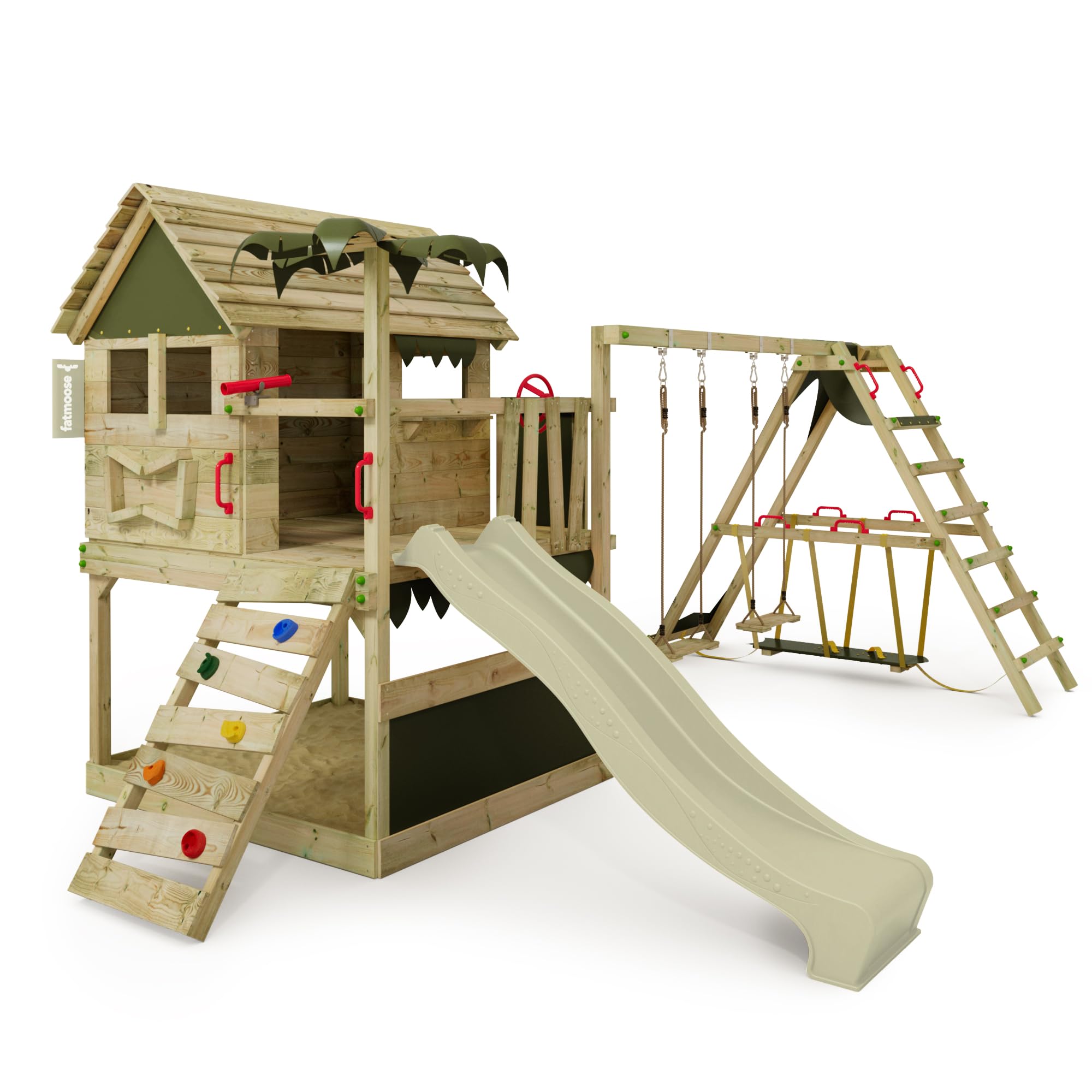 Fatmoose Aire de Jeux Portique Bois TikaTaka avec balançoire SurfSwing et Toboggan Vert Sauge, Cabane Enfant Exterieur avec bac à Sable, échelle d'escalade & Accessoires de Jeux
