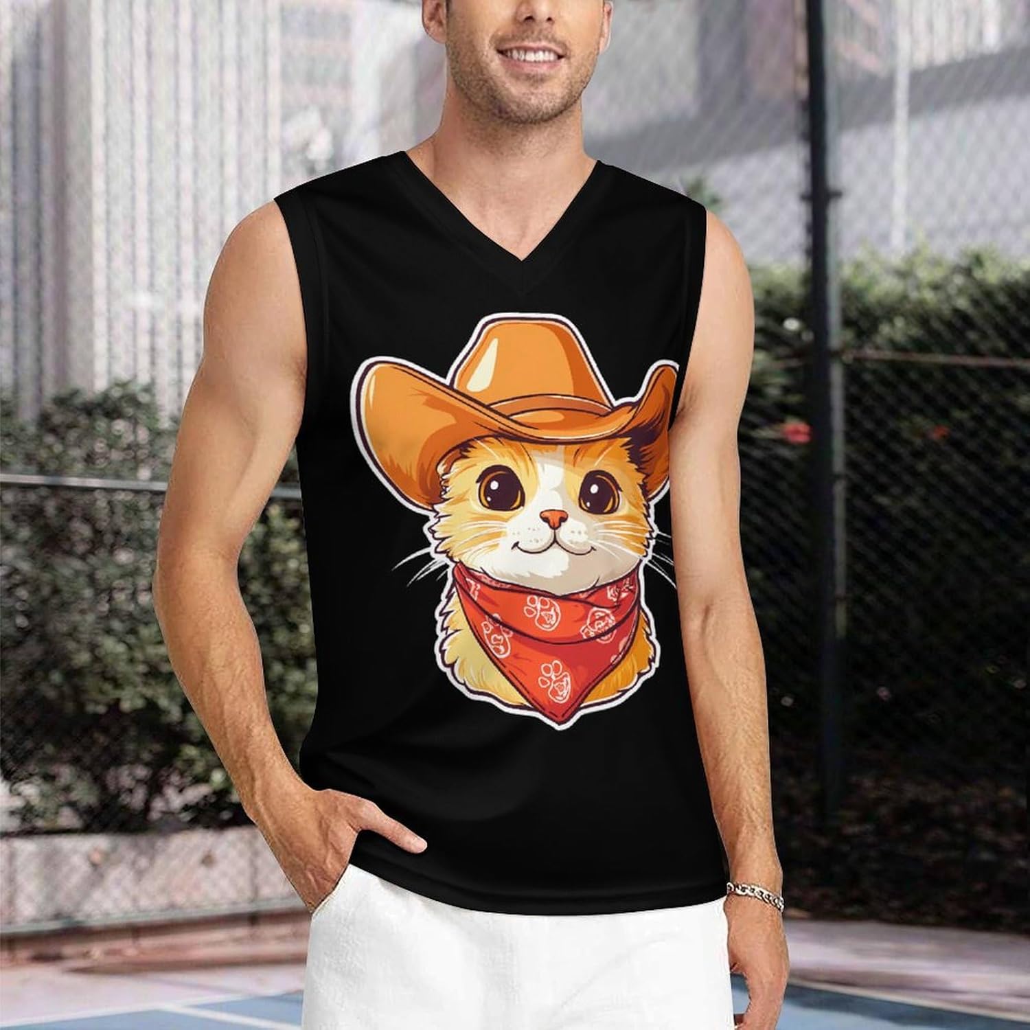 Meowdy Cowboys Cat Men's V-Neck Basketball Tank Top Sleeveless Workout Tank Shirts Gym Fitness Tees Vest