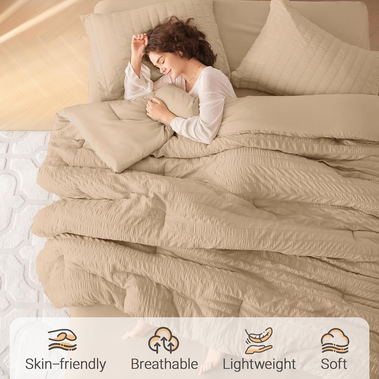 MUXHOMO 7 Pieces King Comforter Set, Seersucker Bed in a Bag King Size, All Season Luxury Bedding Set with Comforter, Flat Sheet, Fitted Sheet, Pillowcases & Shams, Khaki - Image 2