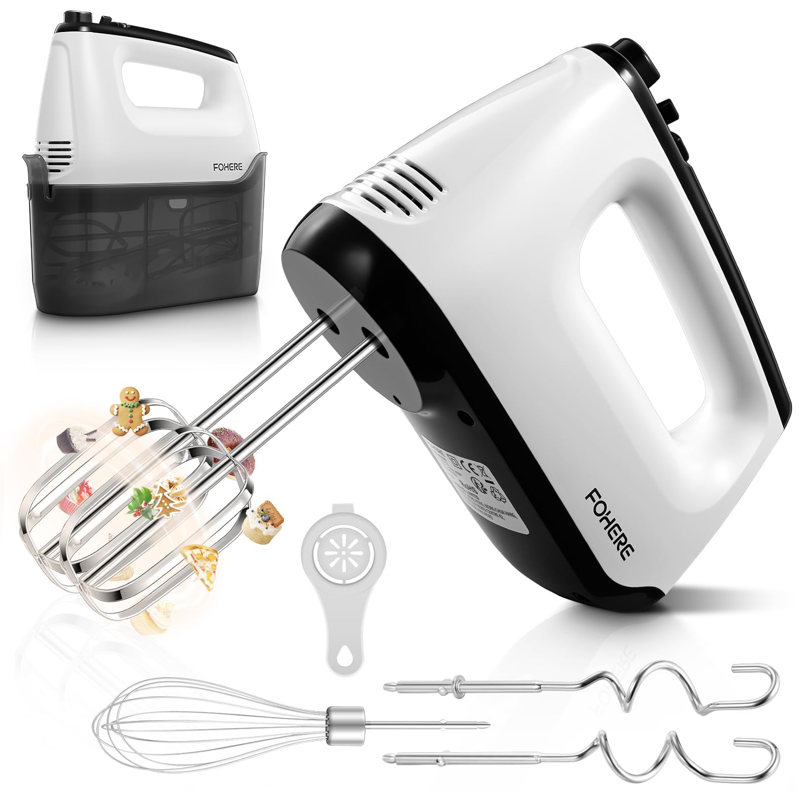 Hand Mixer Electric Mixer, with Storage Box, 6 Speeds, for Baking, 400W, FOHERE Handheld Food Mixer with 6 Free Accessories, Eject Button, Stainless Steel, White
