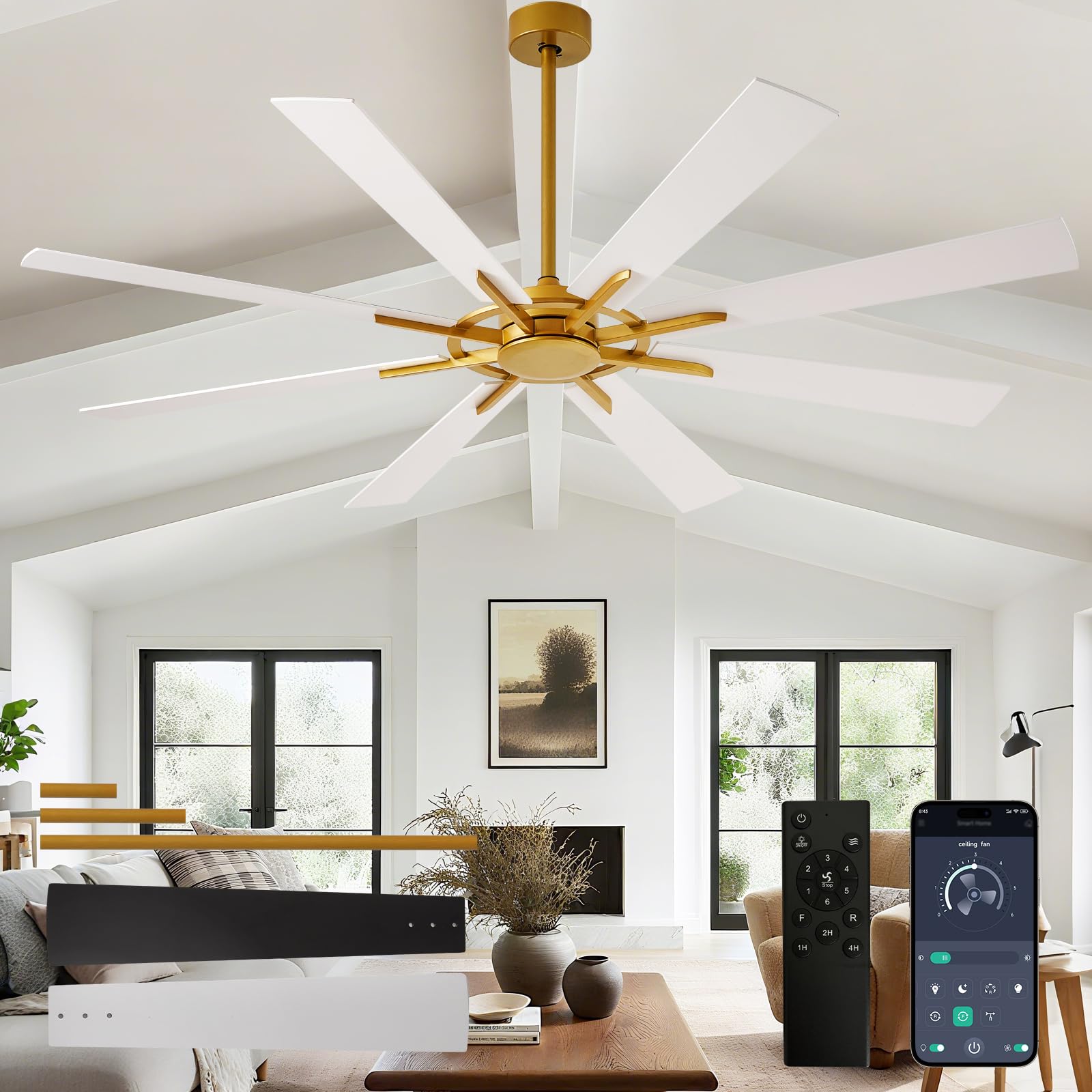 Depuley Ceiling Fan Without Light: 72 Inch Big Indoor Outdoor Fan with Remote APP Control - Brass White Large Ceiling Fan no Light 8 Blade Reversible Quiet DC Motor Memory Function Timer