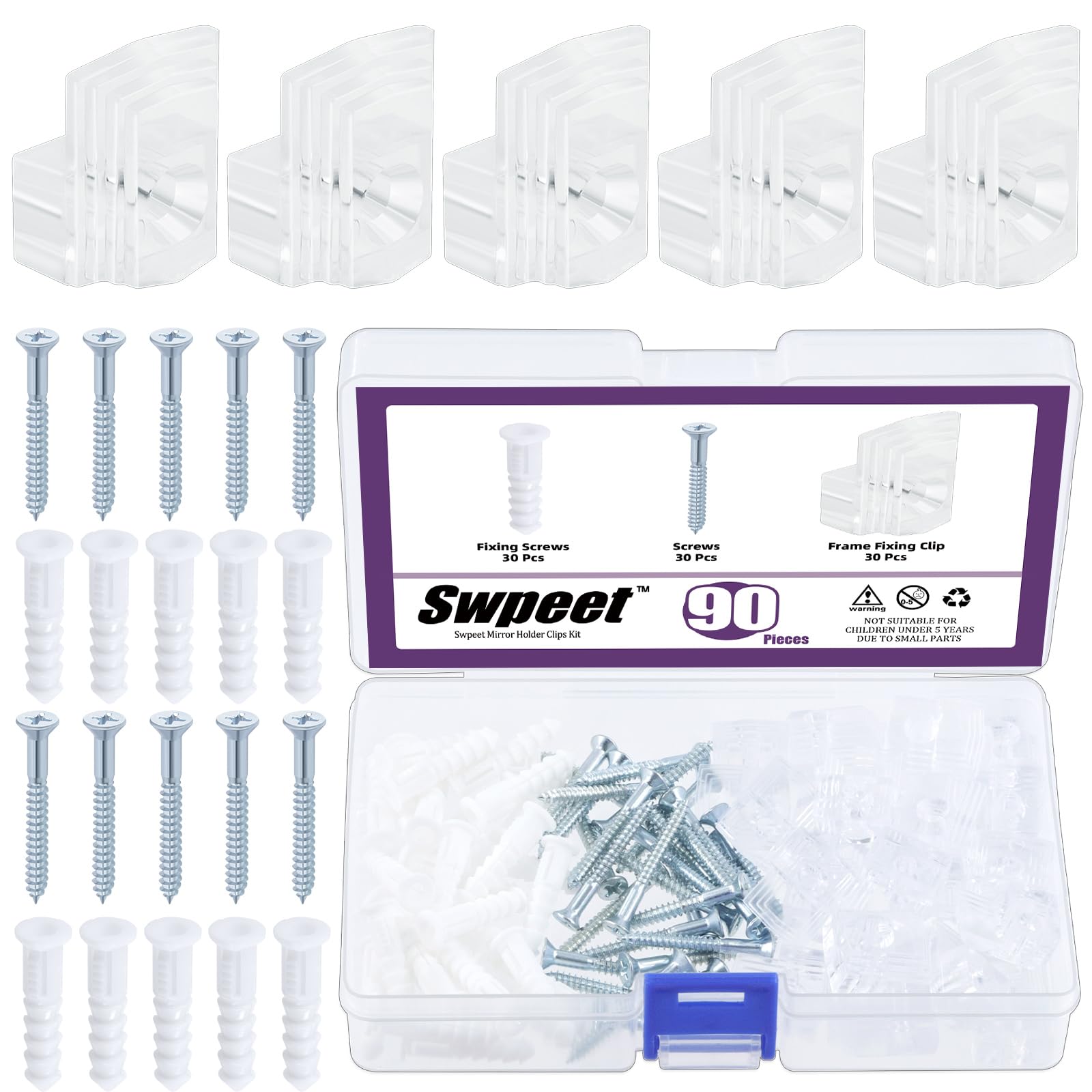 30 Sets Clear Plastic Mirror Holder Clips Kit with Screws, Retainer Clips Kit, Mirror Hanging kit, Clear Plastic Mirror Mounting Clips, Mirror Hanging Hardware for Fixing Cabinet Door(E Style)