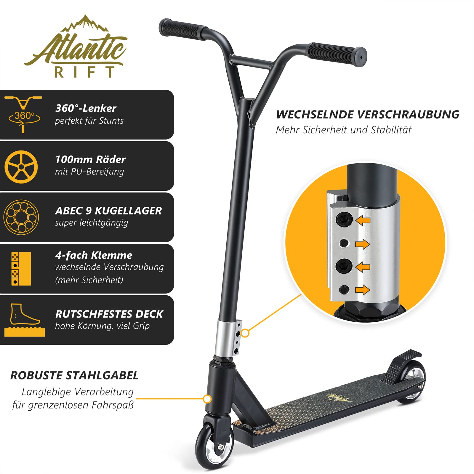 Monopattino Stunt Scooter Freestyle ABEC 9 Ruote in PU Manubrio a 360° Bambini Adulti
