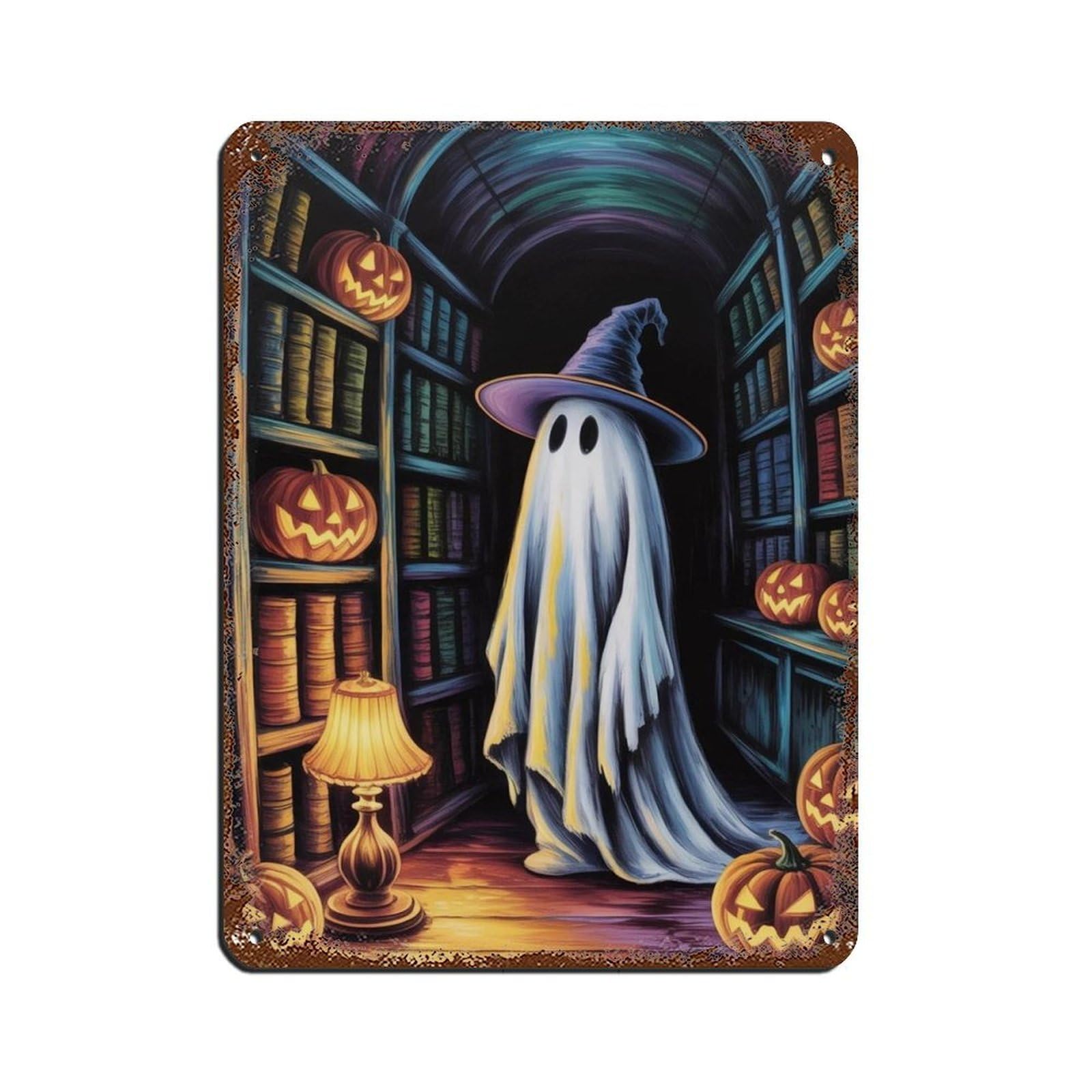 Ghost Witch & Pumpkin in A Library Poster Retro Poster Metal Tin Sign Chic Art Retro Iron Painting Bar People Cave Cafe Family Garage Poster Wall Decoration 12x16inch(30x40cm)