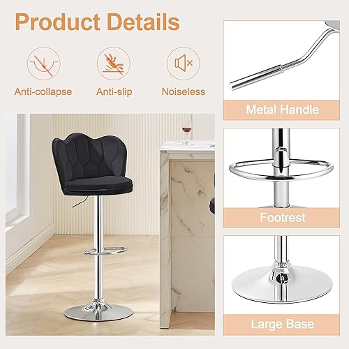 Miniatura 6 de VECELO Juego de 4 taburetes de bar, taburetes de bar ajustables con respaldo, taburete de terciopelo sin brazos, taburete de isla de cocina, sillas