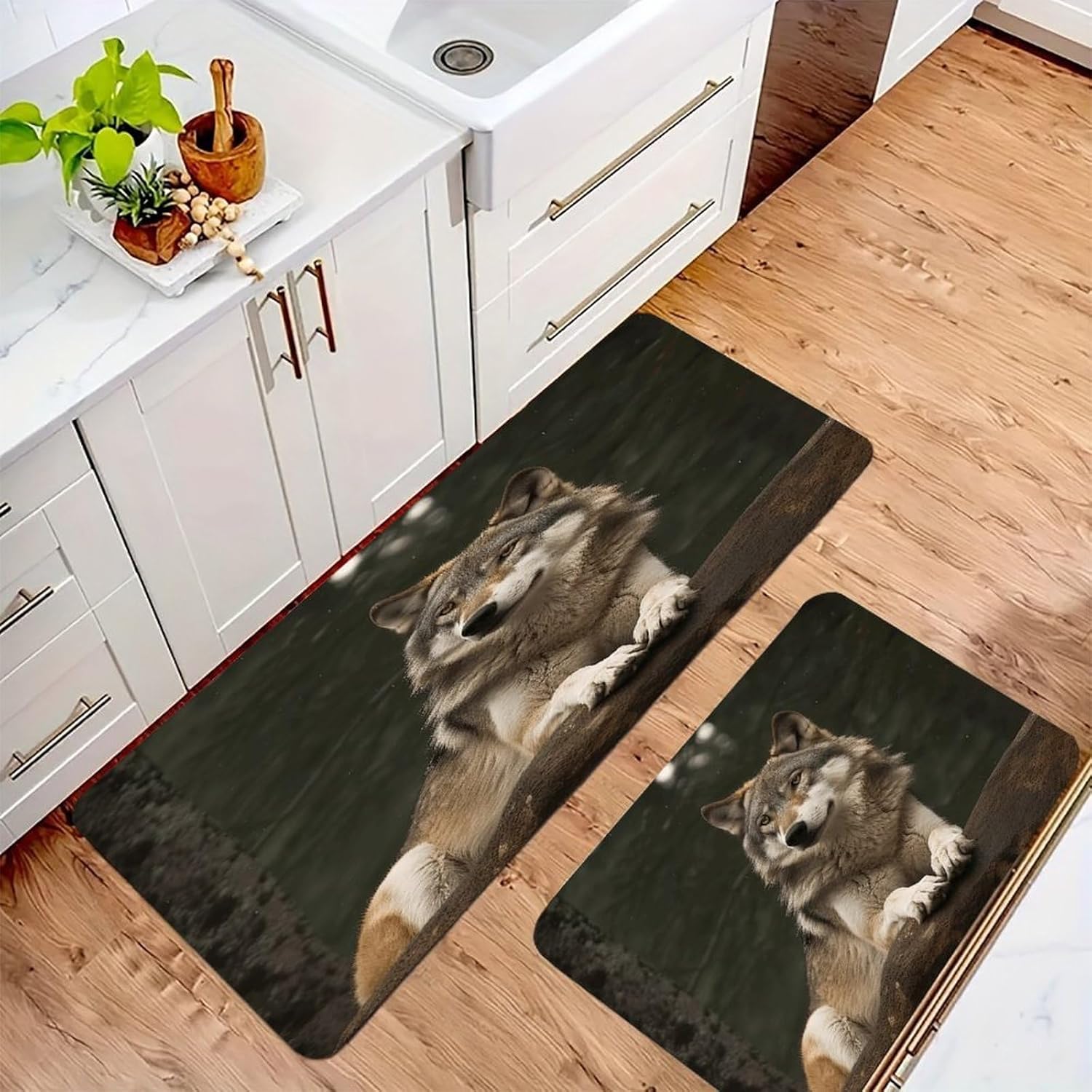 Gray Wolf Kitchen Mats with 2PCS Non-Slip Washable,Kitchen Rug Heavy Duty Durable, Floor Mats for Kitchen,Office,Sink,Laundry