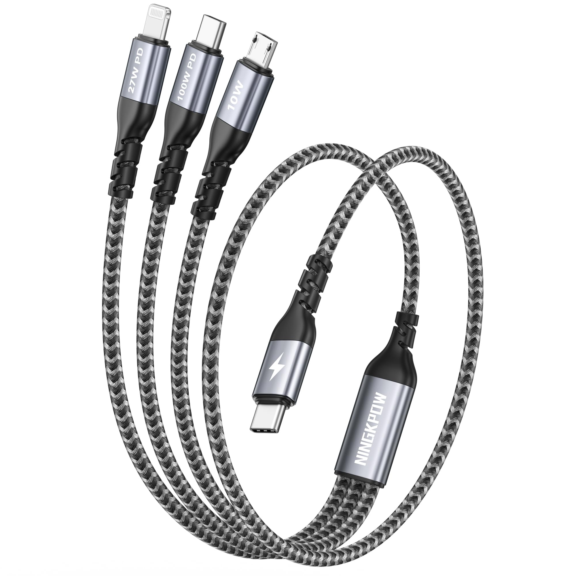 NINGKPOW 100W USB C Multi Ladekabel [0.5M] 3 in 1 Ladekabel Schnellladekabel USB C auf Type C[100W]+Lightning[27W]+Micro[10W] für iPhone 16/15/14, Galaxy S24/S23, Huawei, MacBook Pro/Air, Pad Pro, LG
