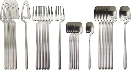 Juego de cubiertos plateados mate de acero inoxidable con acabado satinado para 6, 24 cucharas y tenedores, apto para lavavajillas (plata mate) disponible en Yaxa Peru