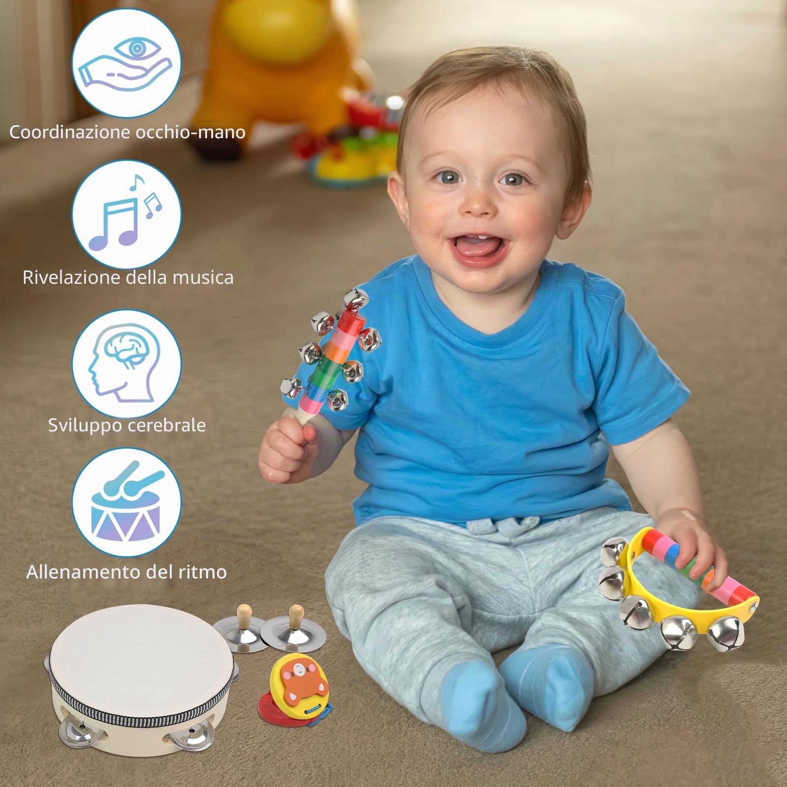 Strumenti Musicali Bambini 1-5 Anno, Giocattoli Montessori,Strumenti Musicali Percussioni in Legno Color Arcobaleno con Custodia Trasparente