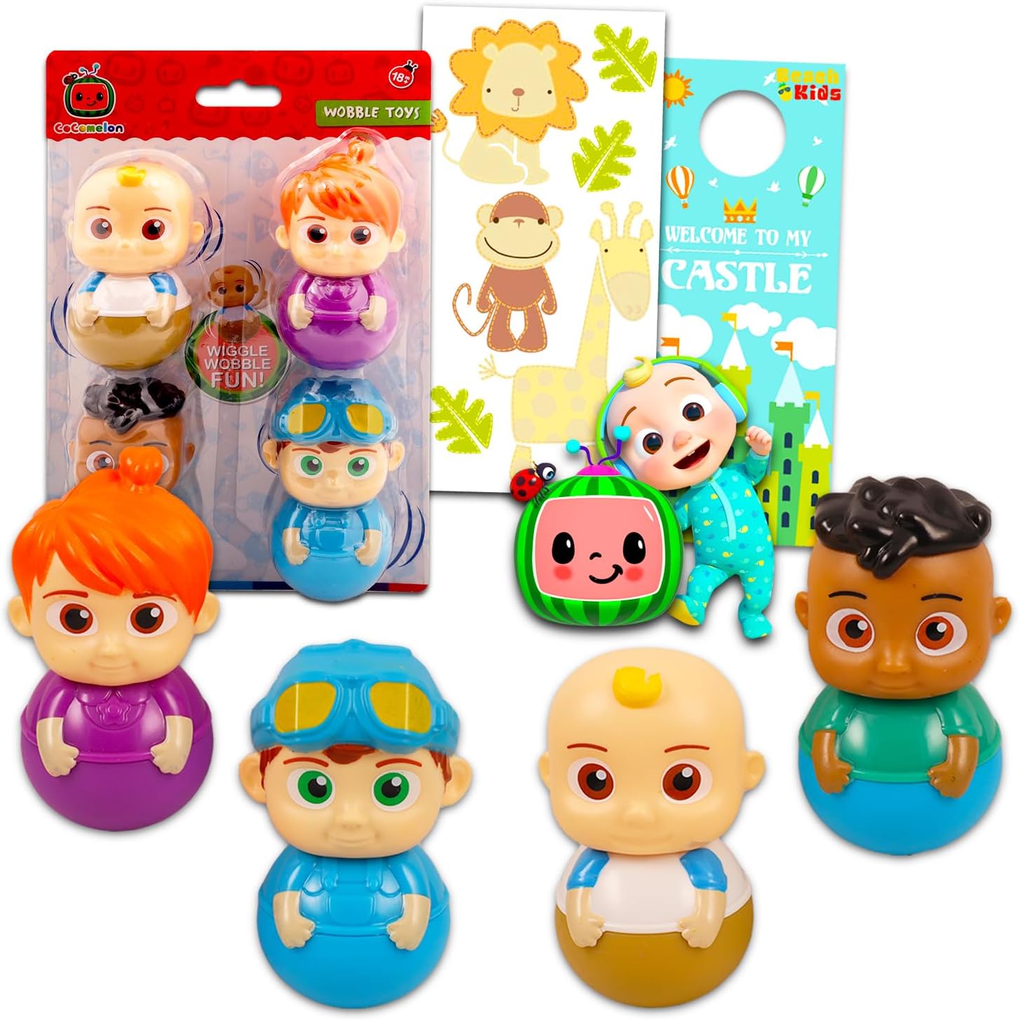 Beach Kids Cocomelon Figures Set - Cocomelon Wobble Toys Bundle with 4 Cocomelon Figures Including JJ and YoYo Plus Stickers, More | Cocomelon Party Supplies