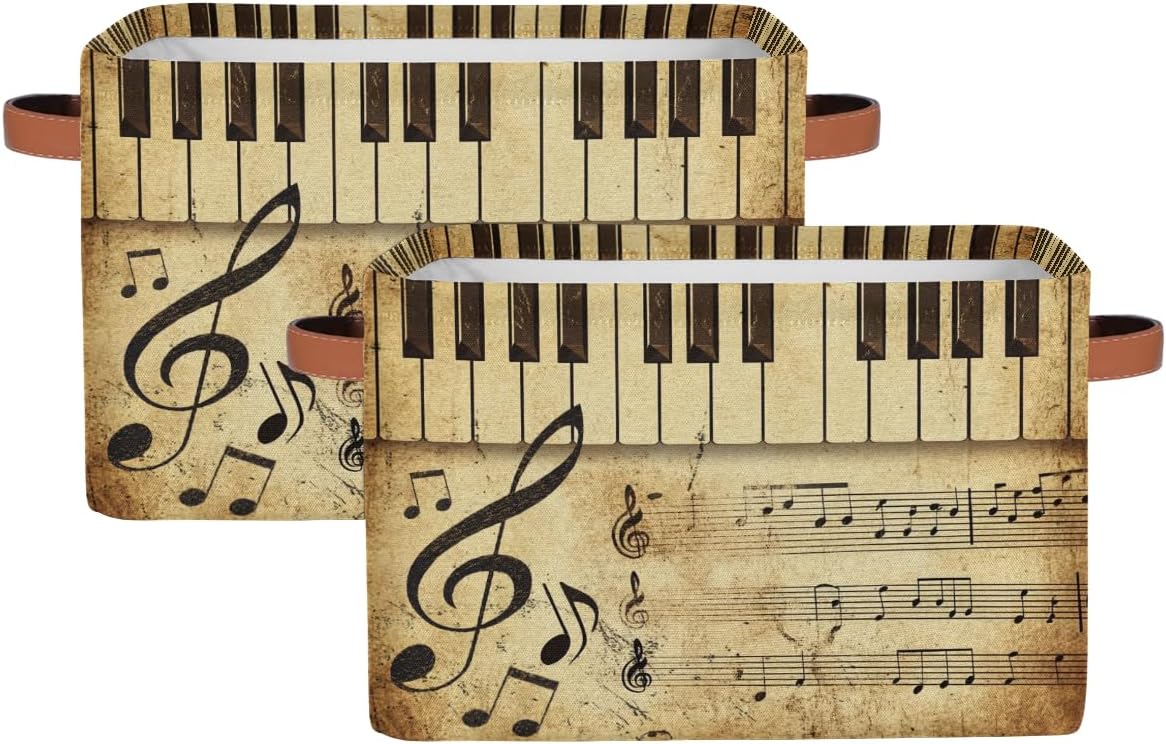 AUUXVA Vintage Storage Baskets Music Note Storage Bins Piano Key Storage Cube Box Collapsible Canvas Book Basket Organizer Bin with Handles for Shelf Closet Bedroom Home Office, 2 Pcs