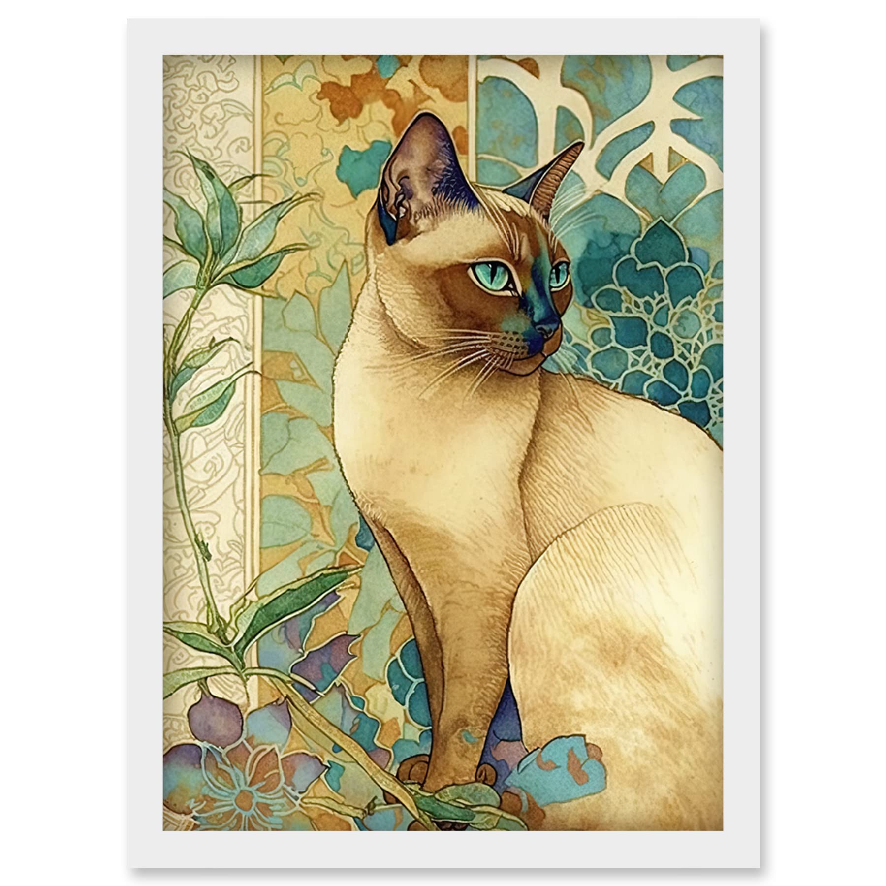 Artery8 Tonkinese Cat with Art Nouveau Botanical Patterns Colourful Watercolour Illustration Artwork Framed Wall Art Print A4
