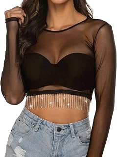 Women Nashville Rhinestone Fringe Mesh Crop Top Sheer See Through Sparkly Long Sleeve Rave Concert Outfit