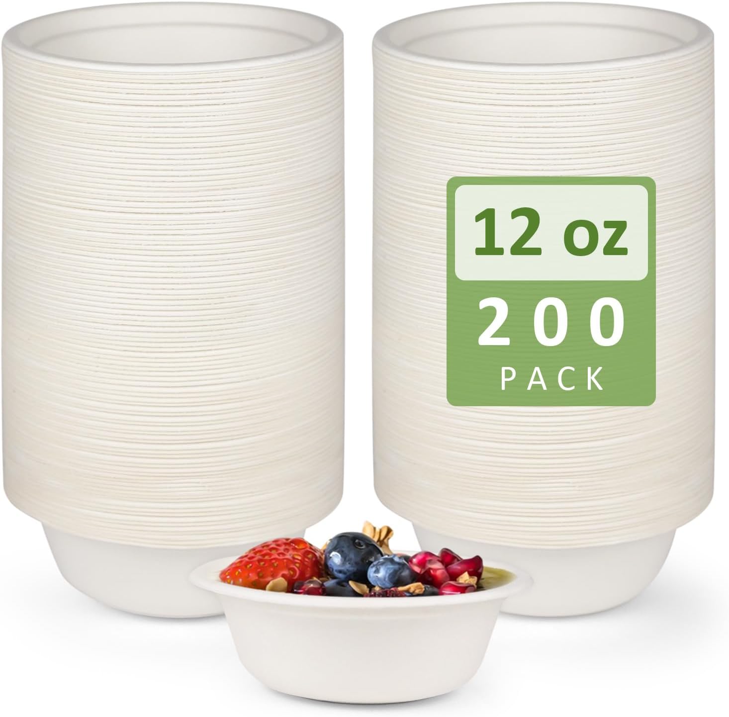 Heavy Duty Paper Bowls - 200 Pack, 12 oz, Eco-Friendly, Made of Natural Bagas...