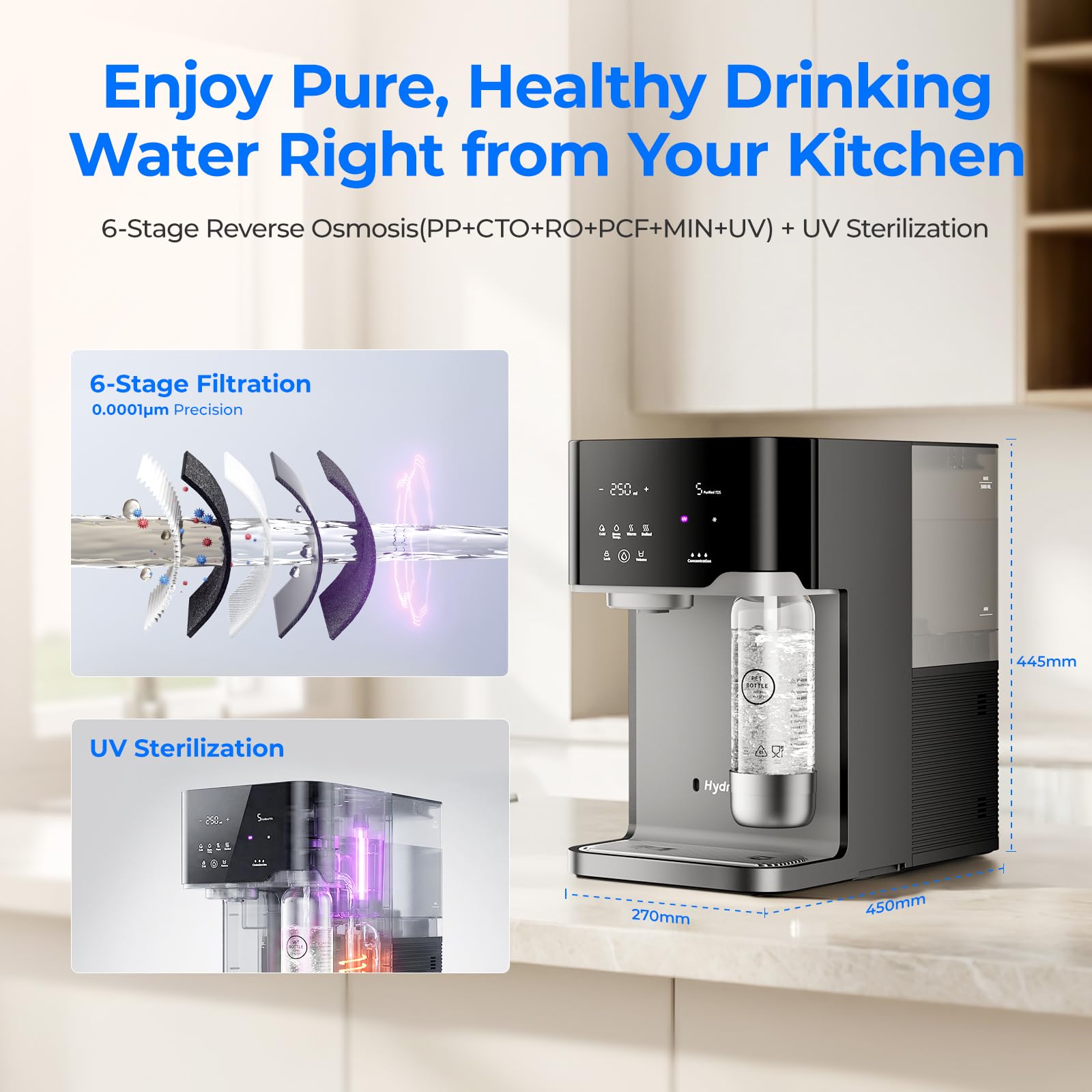 Osmoseanlage Wasserbar mit Wassersprudler, Heißwasserspender & Eiswasserspender, 6-Stufen RO Wasserfilter, 5L