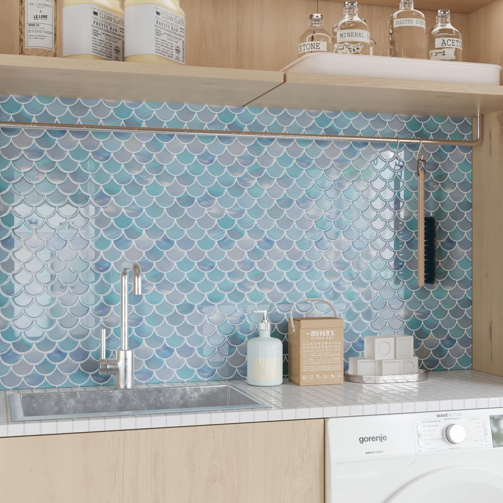 CRE8TIVE 16 Pezzi Piastrelle Adesive Cucina Blu Impermeabile Piastrelle Adesive Muro Viola Blu Forma di Ventaglio Mattonelle Adesive Bagno Mosaico Adesivo Paraschizzi Cucina Camino 30.5cm x 30.5cm