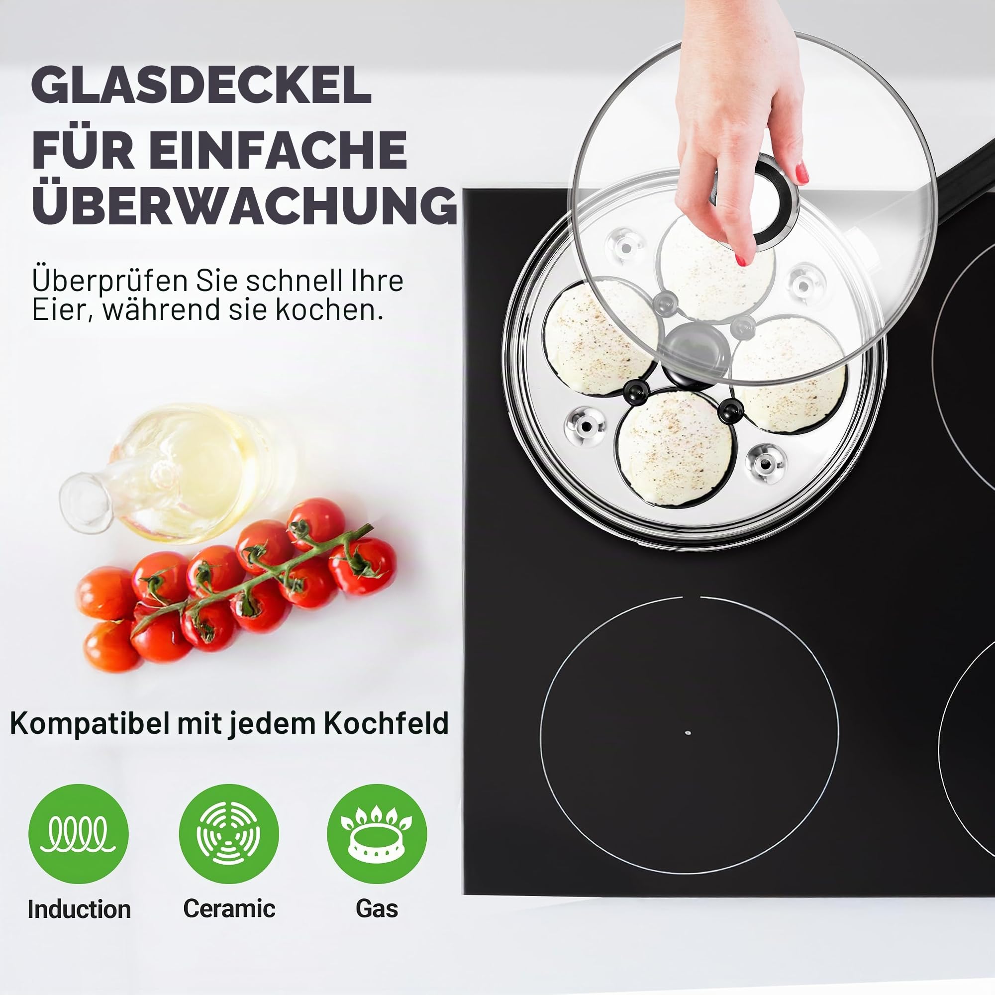 NutriChef Eier Pochierer Edelstahl 20 cm– Eierkocher Für 4 Eier, Pochierte Eier Form, Induktionsgeeignetes Mit Glasdeckel, Antihaft Bechern, Timer Und Spatel (Silber)