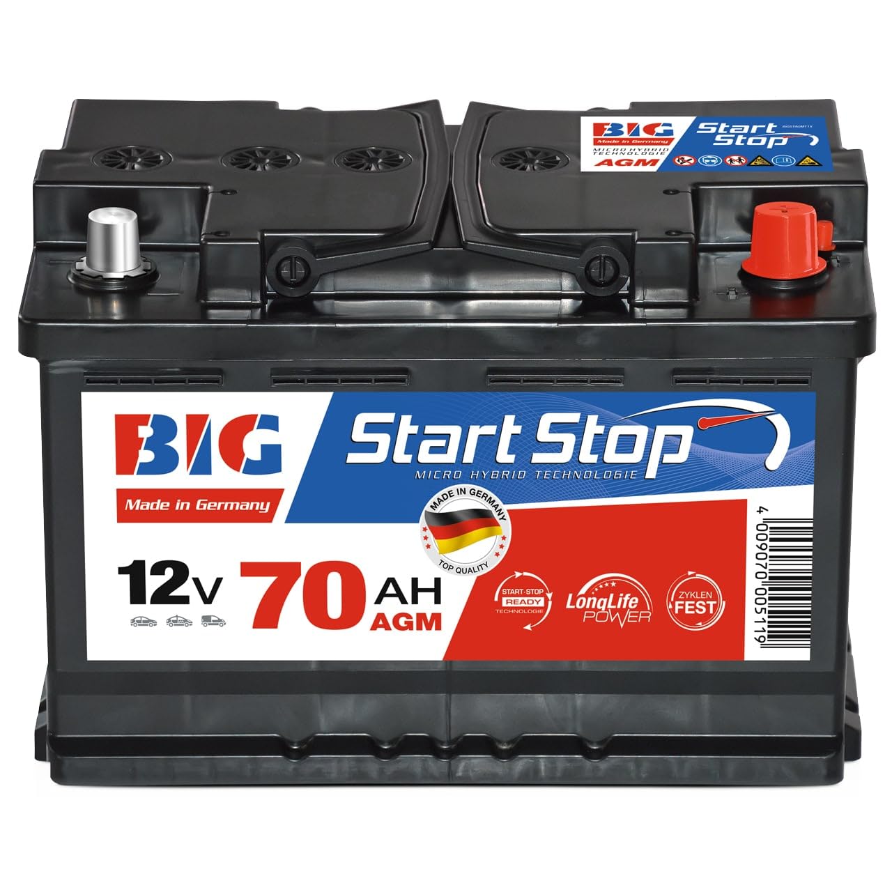 BIG Start-Stop AGM 12V 70Ah 800A/EN Autobatterie – Premium VRLA Starterbatterie für Start-Stopp-Systeme & Bremsenergie-Rückgewinnung, Wartungsfrei, Auslaufsicher, Erstausrüsterqualität