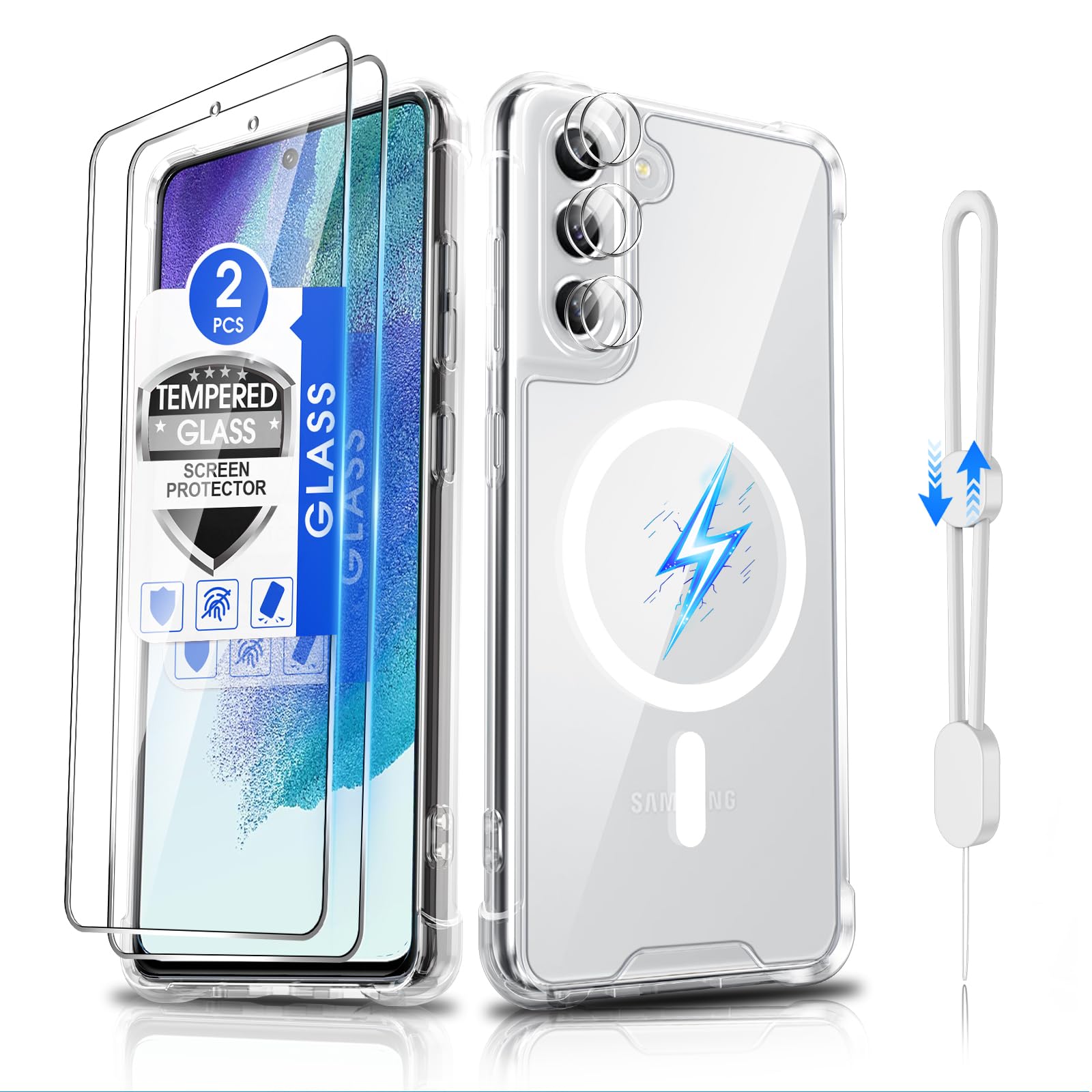 Dizn for Samsung Galaxy S21 FE Phone Crystal Case: [Not Fit S21/S21+],2 Tempered Glass &amp; 2 Camera Lens Protector,[Antil-Yellow],Compatible with Magsafe,with Strap,Shockproof Magnetic Case S21FE,Clear