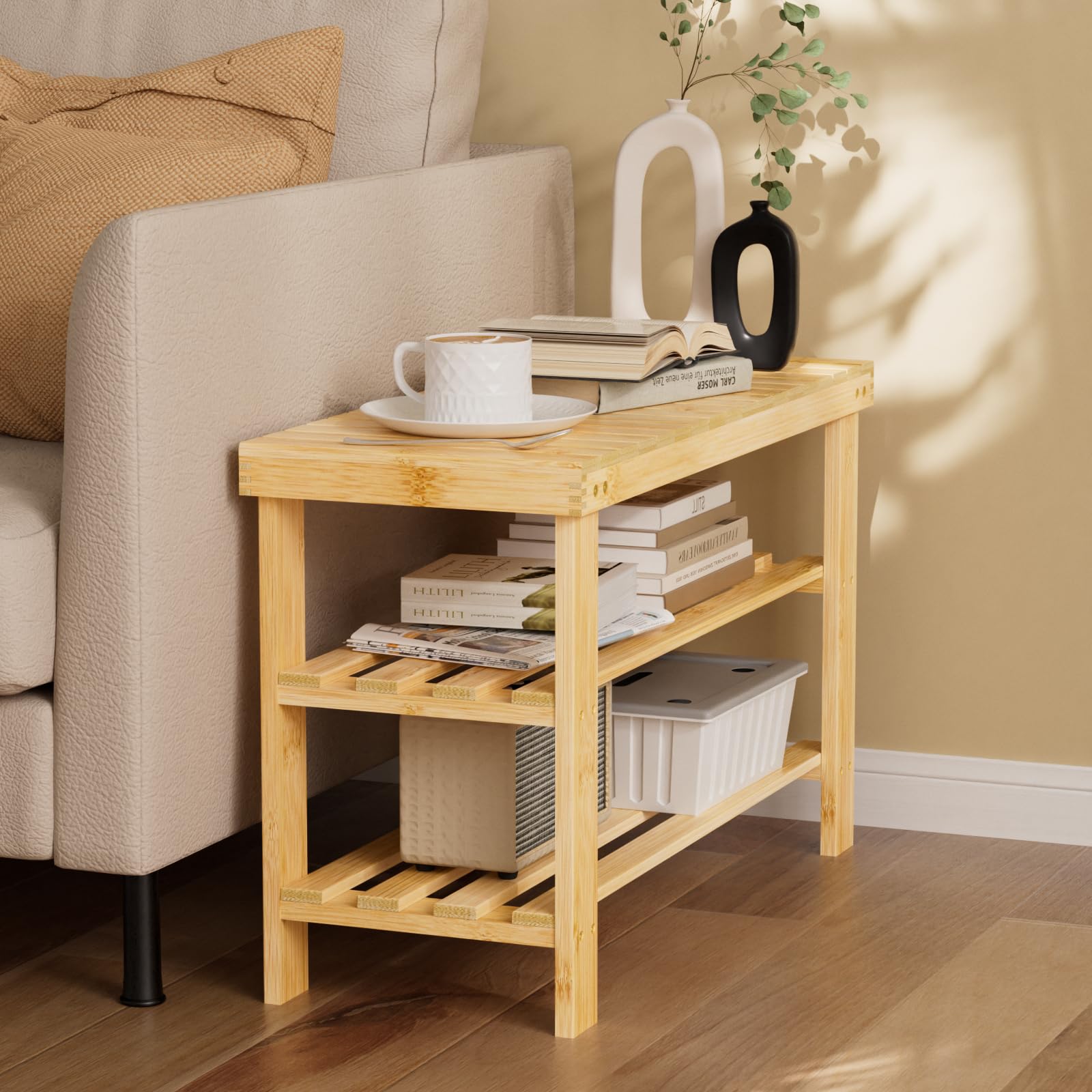 Panca Portascarpe In Legno Massello Con Cuscino - Latifolia - 2 Ripiani Per Ingresso E Corridoio (Beige, 80 Cm) - 2