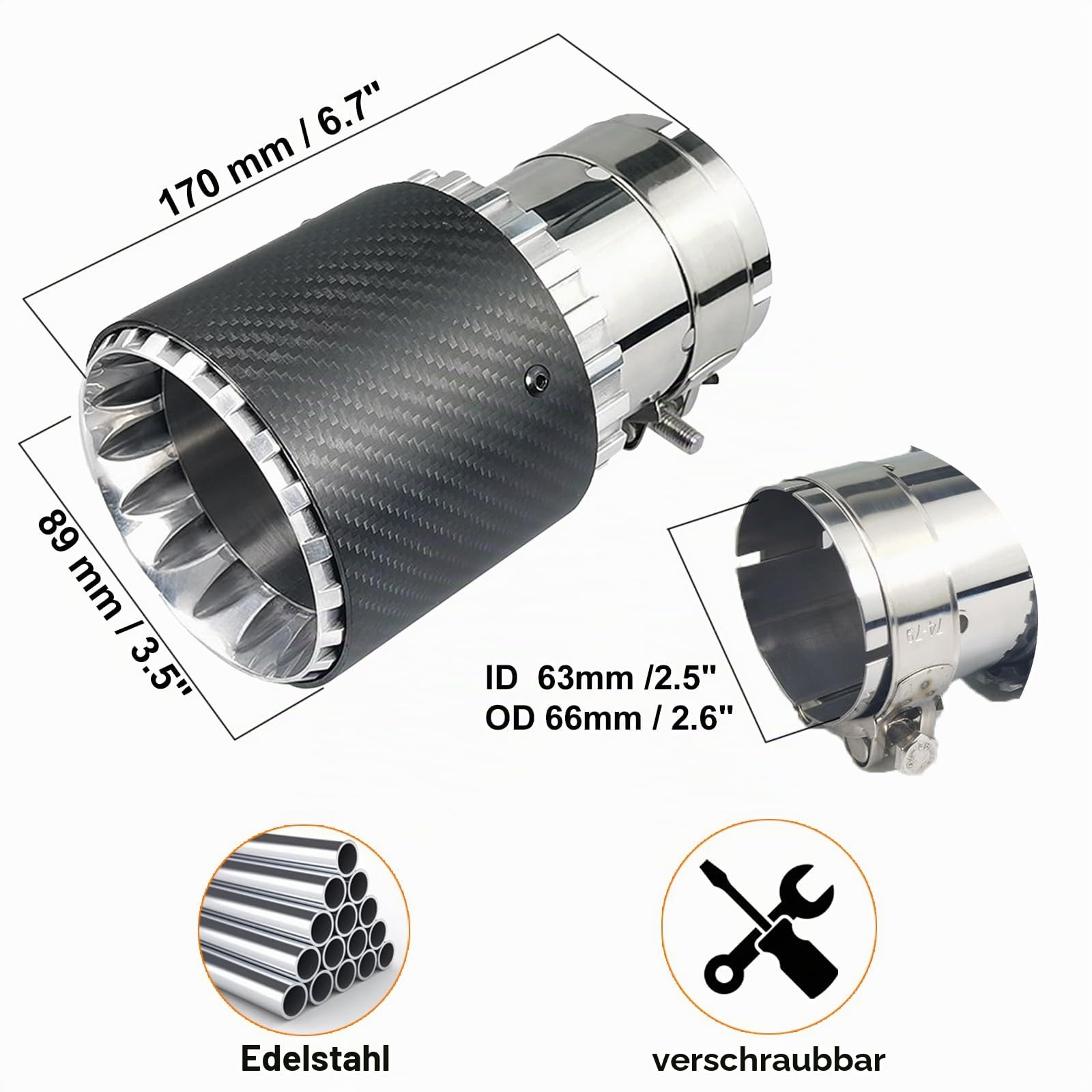 2,5" Auto Auspuff Endrohr Schalldämpfer Spitze für 63mm Einlass Auspuffrohr Edelstahl und Kohlefaser Endrohr Hinten Endschalldämpfer Auspuffendrohr Ende Kehle (Silber Schwarz, Stück, 1)