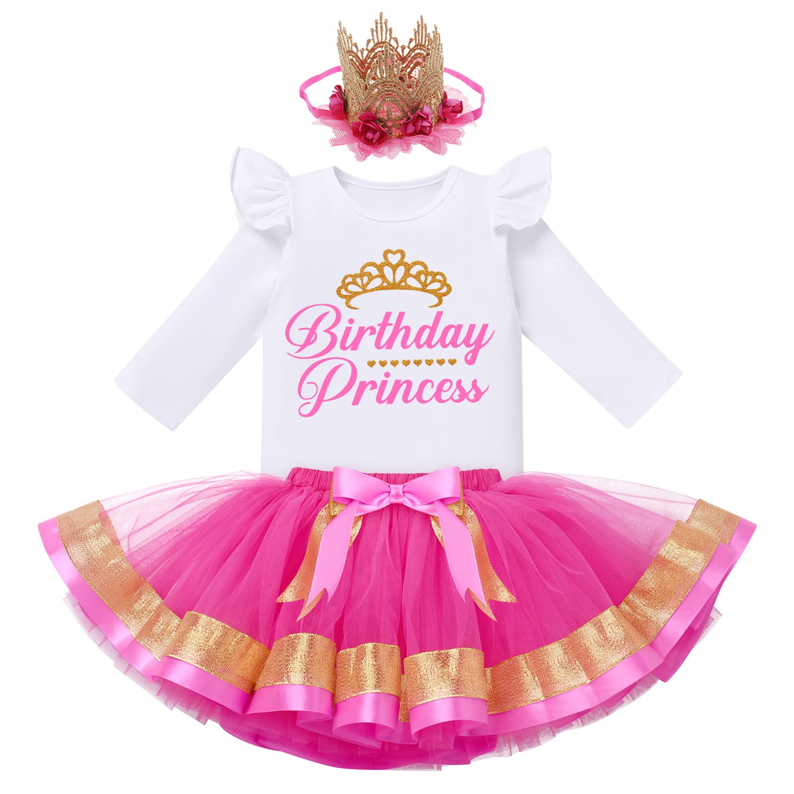 IBTOM CASTLE Toddler Baby Girls 1st 2nd 3rd 4th 5th 6th Years Old Birthday Princess Party Dress Vest Tops+Tulle Tutu Skirt+Flower Crown Cake Smash Outfit for Baby Shower Photography Prop