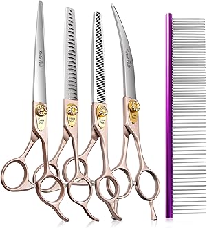 7‘’ Professional Dog Grooming Scissors Set Rose Gold 440C Stainless Steel Straight Thinning Curved Chunker Shears 4pcs Set for Pet Grooming Services Dogs and Cats