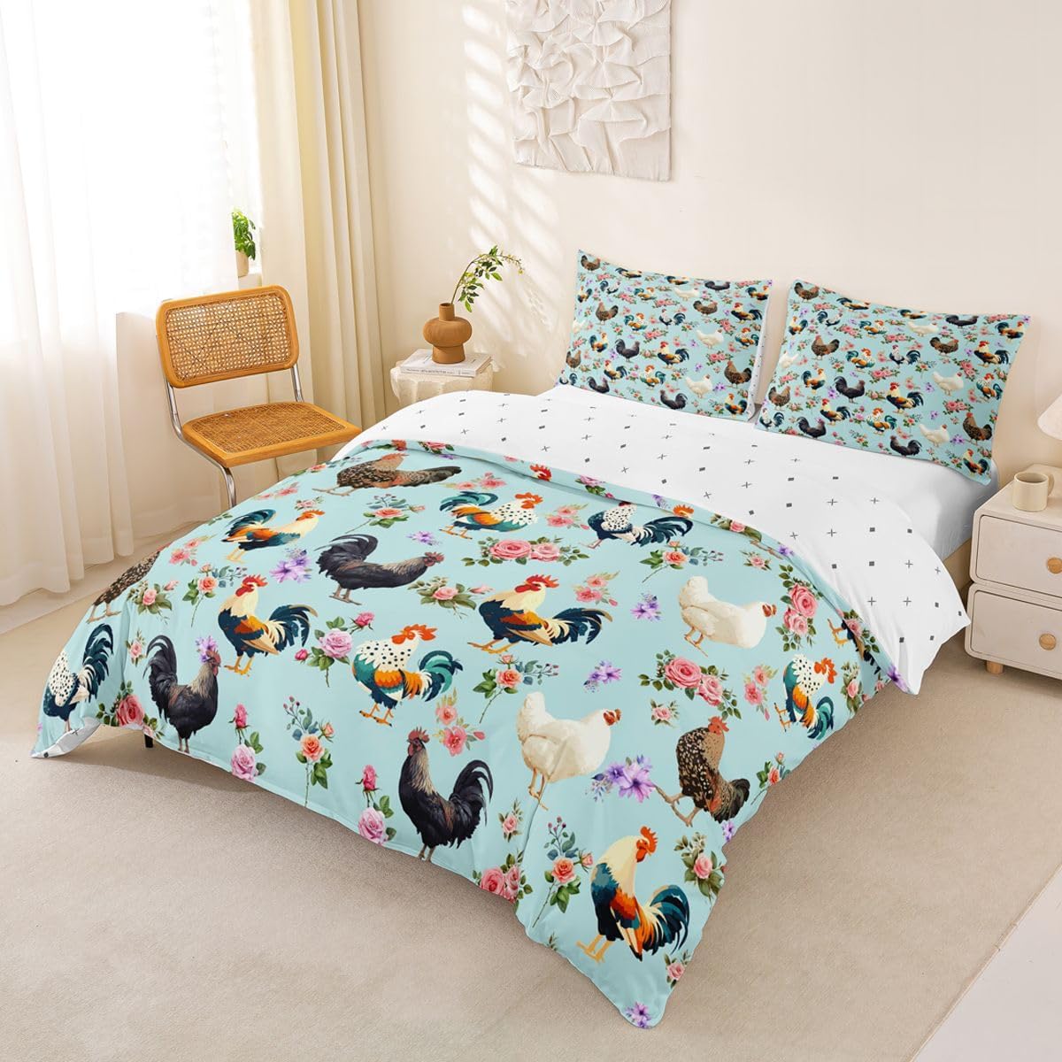 Feelyou Hen Rooster Print Duvet Cover Farmhouse Animals Bedding Set for Kids Boys Girls Teens Room Decor Chicken Comforter Cover Set Twin Size Floral Rose Pattern Bedspread Cover 2Pcs Zipper
