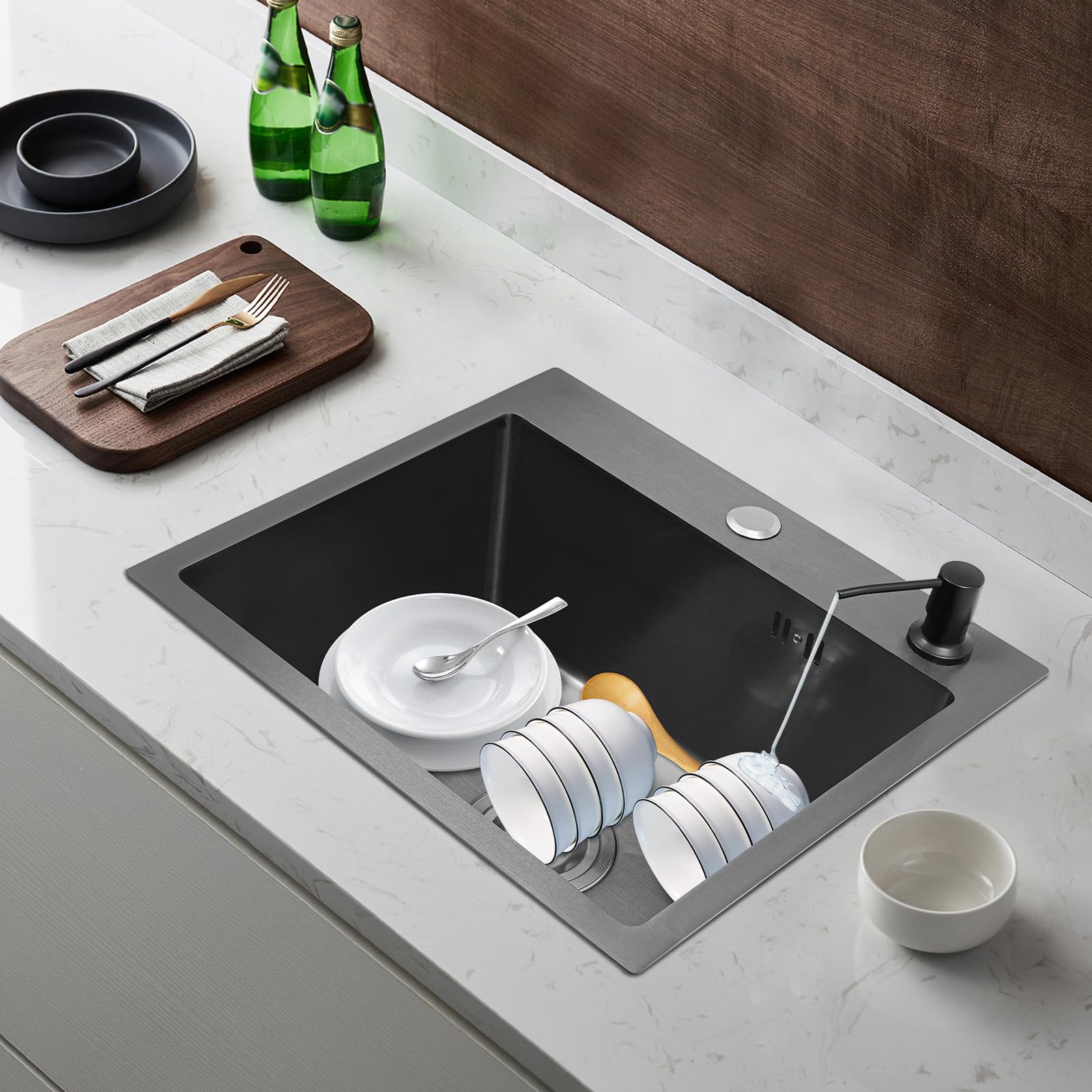 Lavello da incasso, in acciaio inox, nero, con cestello
