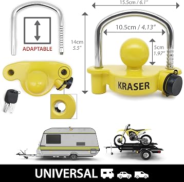 KRASER KR815 Trailer Coupler Lock, Anti-Picking Anti-Drilling Curved High Security Key, Heavy Duty Reinforced Steel, Bright Yellow More Deterrent, Adjustable Storage Security, Trailer Locks Ball Hitch
