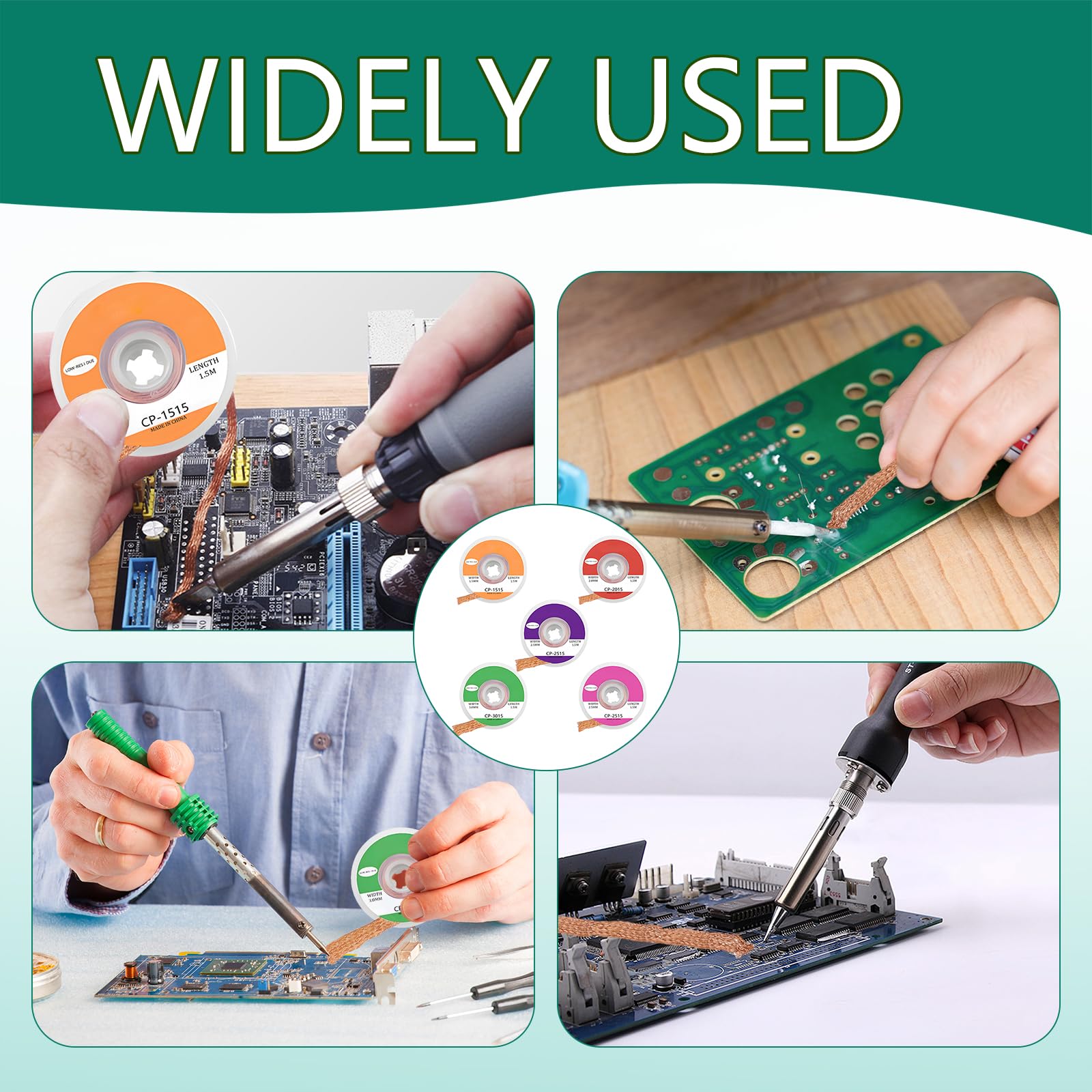 Set di 5 trecce dissaldanti, treccia dissaldante in rame, treccia dissaldante no-clean, utensile per saldatura, larghezze 1,5 mm, 2 mm, 2,5 mm, 3 mm, 3,5 mm, ideale per dissaldare e rimuovere la salda