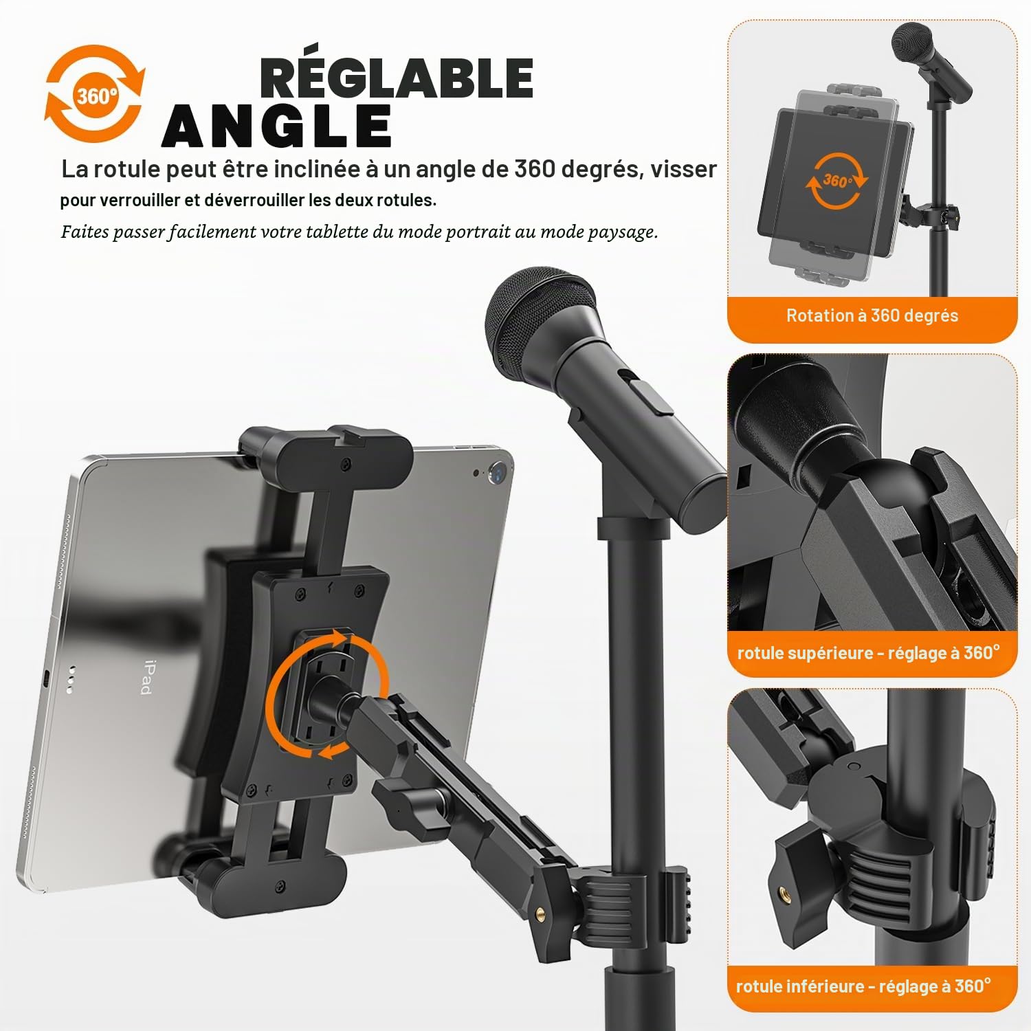 Support Tablette de Microphone, Support de Tablette et Téléphone, Pieds de Micro Musique Pivotant à 360° pour iPad, Pro, Mini, Air 4.7-13.5 Pouces Tablette Téléphone