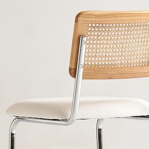 Miniatura 8 de White Modern - Juego de 3 taburetes de bar de altura de mostrador con caña de ratán natural y respaldos de madera maciza, tapicería de 24 pulgadas