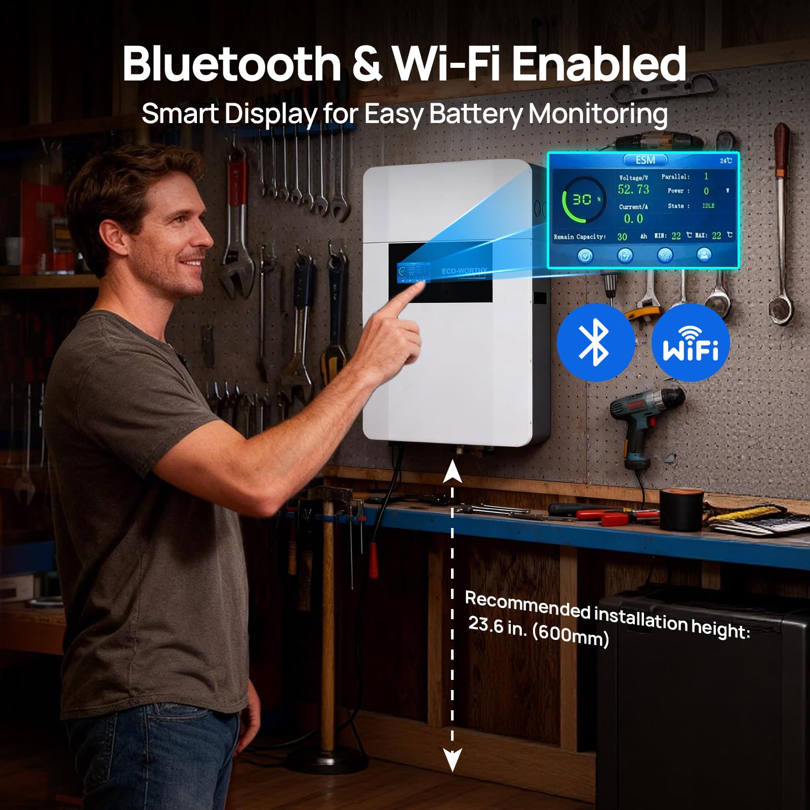 ECO-WORTHY 4 pilas Bluetooth LiFePO4 de 48 V 100 Ah para montaje en pared