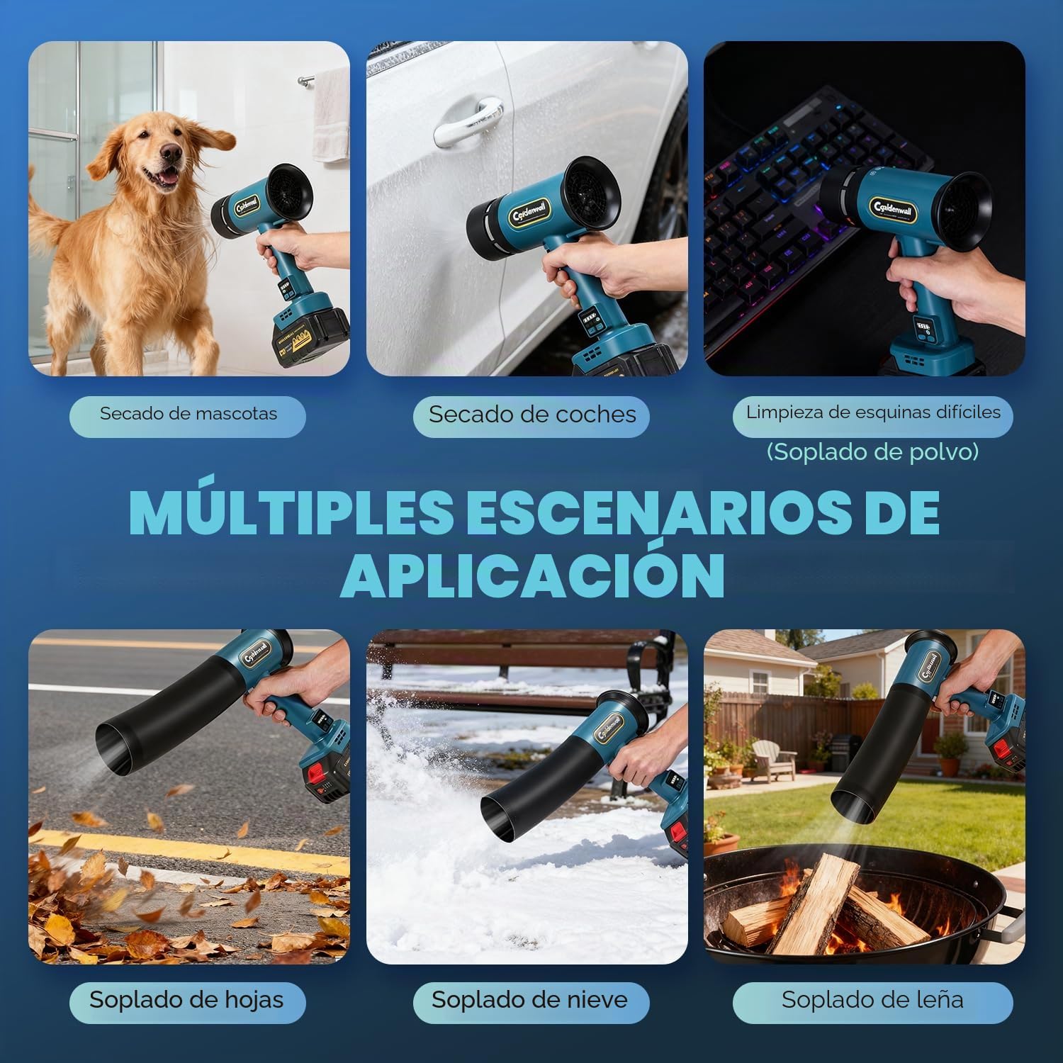 CGOLDENWALL Soplador de Hojas 21V con 2 Baterías de 4,0 Ah, Motor de 60000 RPM, 4 Velocidades Ajustables, Portátil para Jardín, Patio, Coche y Limpieza de Nieve