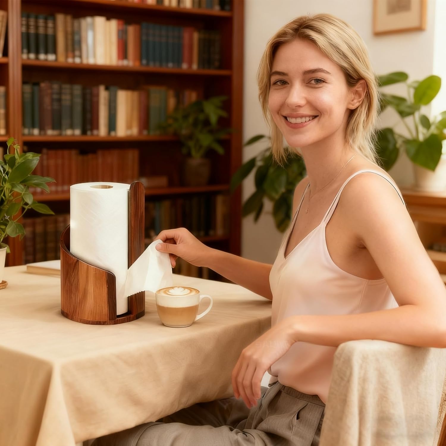 Large Premium Bamboo & Iron Paper Towel Holder - Heavy Duty Countertop Stand for Jumbo Rolls with Round Solid Wood Base, for Kitchen Dining Table Home Decor (Size:11.5 * 8.25in)