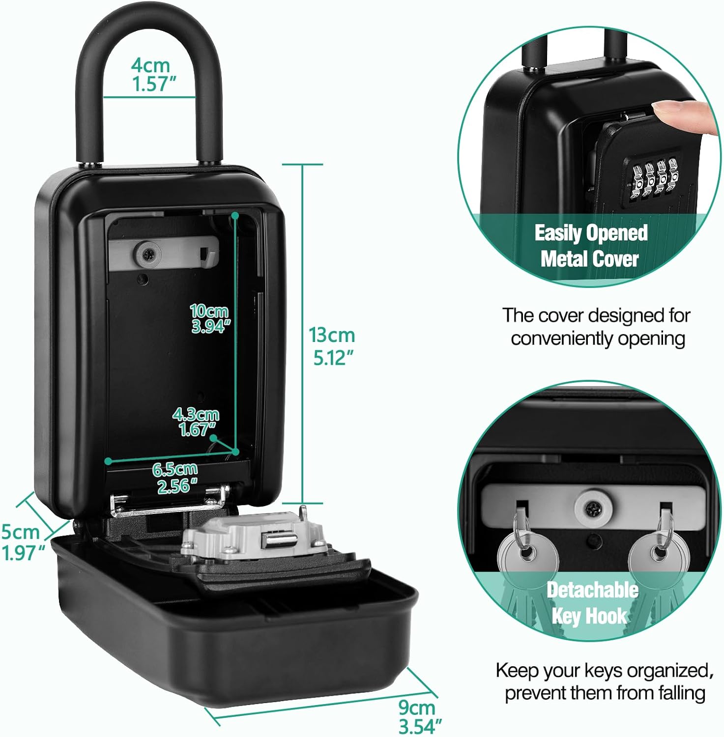 HUANLANG Key Lockbox for Outside,Spare Key Lock Box for Door Handle Waterproof 4 Digit Combination Resettable Code,Upgraded Large Capacity Heavy Duty Lockbox for House Keys, Car Keys, ID Cards