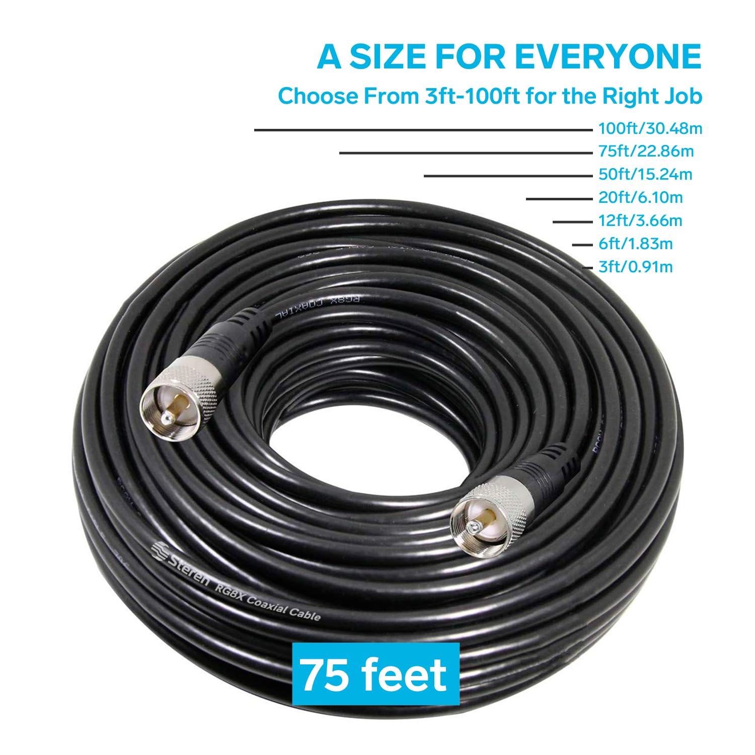STEREN Câble coaxial – Connecteur de câble coaxial – Câble d'antenne – Connecteur coaxial – Connecteur de câble coaxial RG8X – Câble coaxial RG8X de 22,8 m – Câble d'antenne UHF – Câble mâle vers mâle