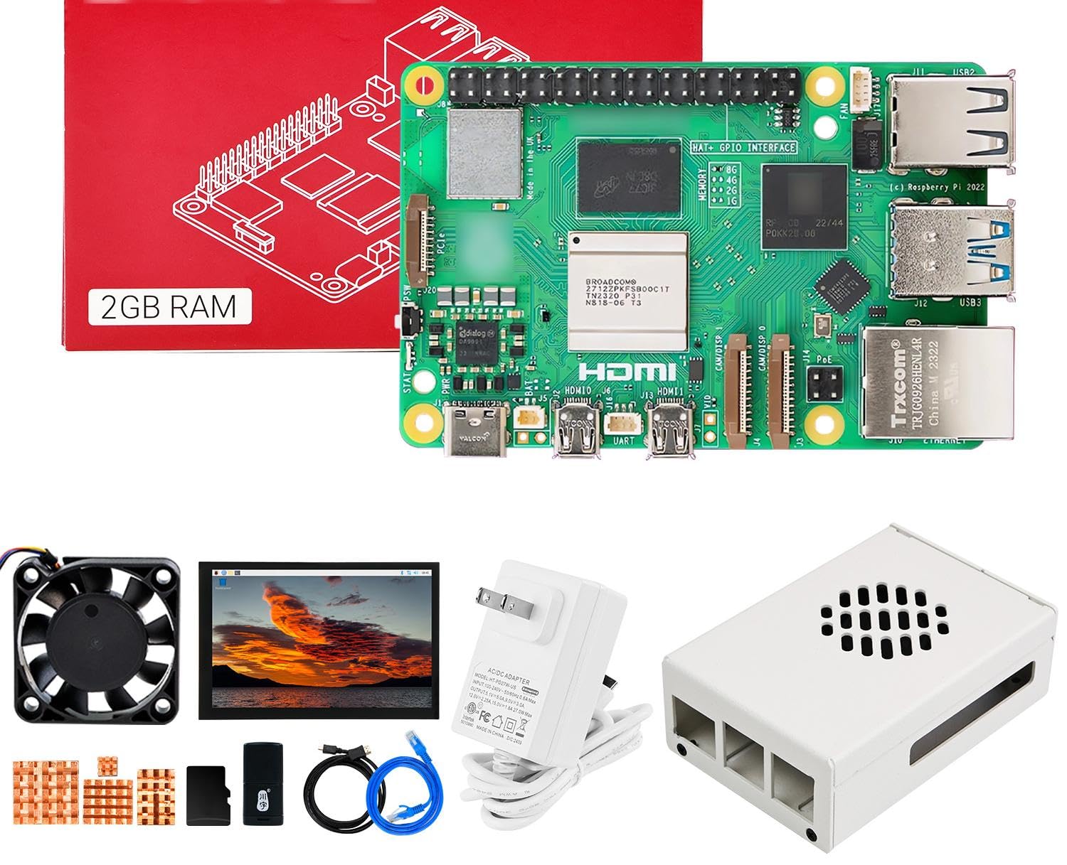 Yahboom Pi 5 2GB RAM Starter Kit with 7inch IPS Display, 27W 5.1V/5A Power Adapter, Metal Case, PWM Fan Provide ROS2 Information (Pi5 2GB, 7-in Screen Kit)