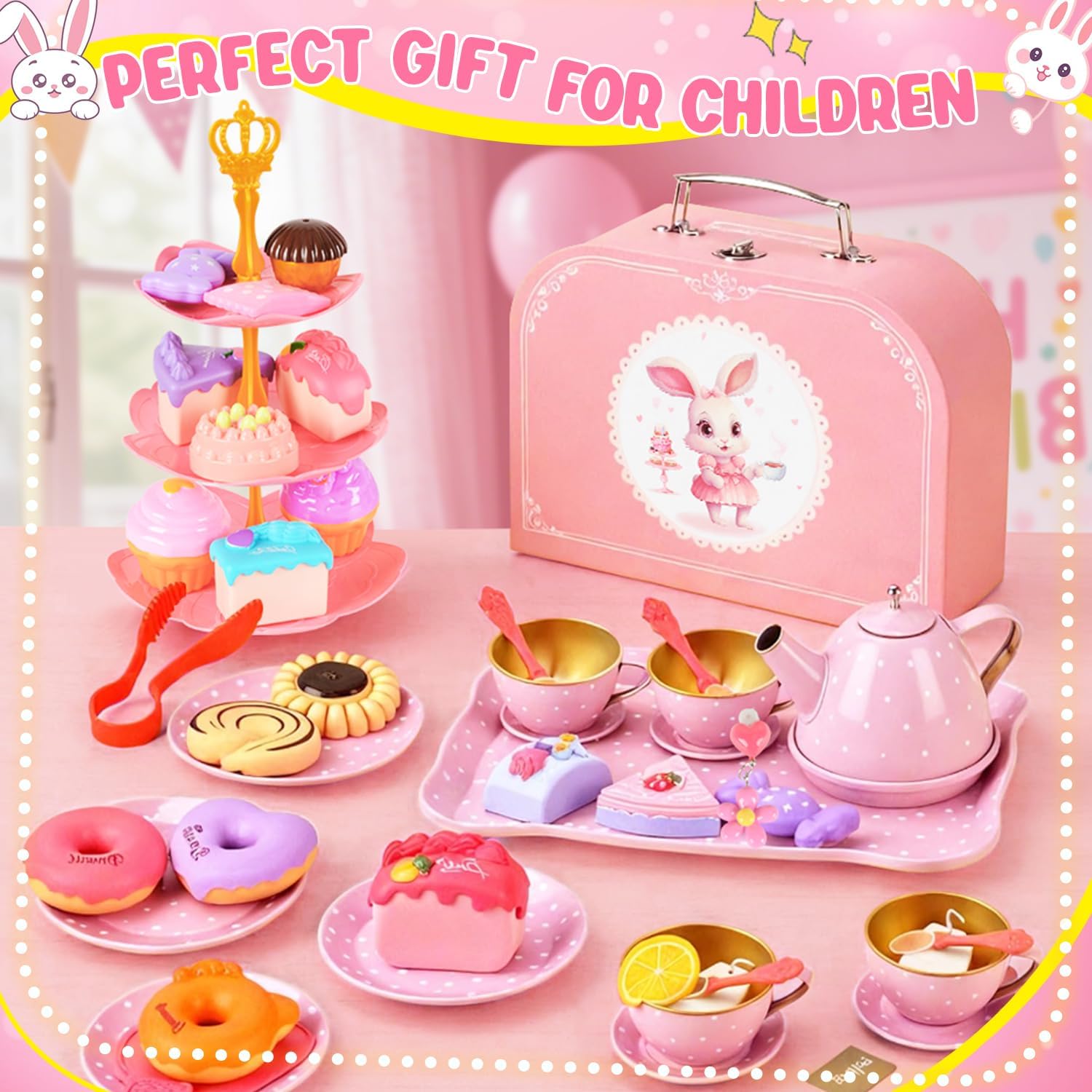 Tea Party Set for Little Girls 3-8, Tea Time Toys Including Tea Set Dessert Carrying Case, Princess Jewelry, Kitchen Pretend Play Toys Tea Set for Girls Birthday (Pink)