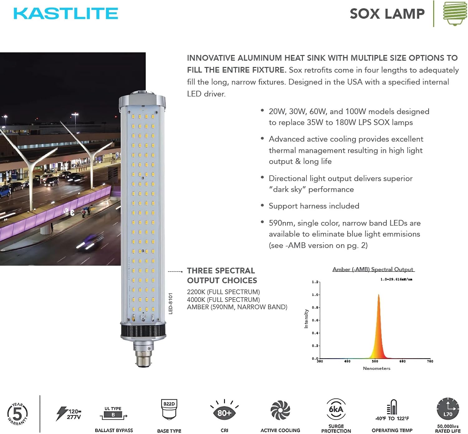 KASTLITE Outdoor SOX Lamp Replacement – 60W LED Bulb Replaces 90W | 1657 Lumens | 590nm Amber Narrow Band | B22D Base – Wildlife-Friendly Light for Street and Area Use – LED-8102-AMB