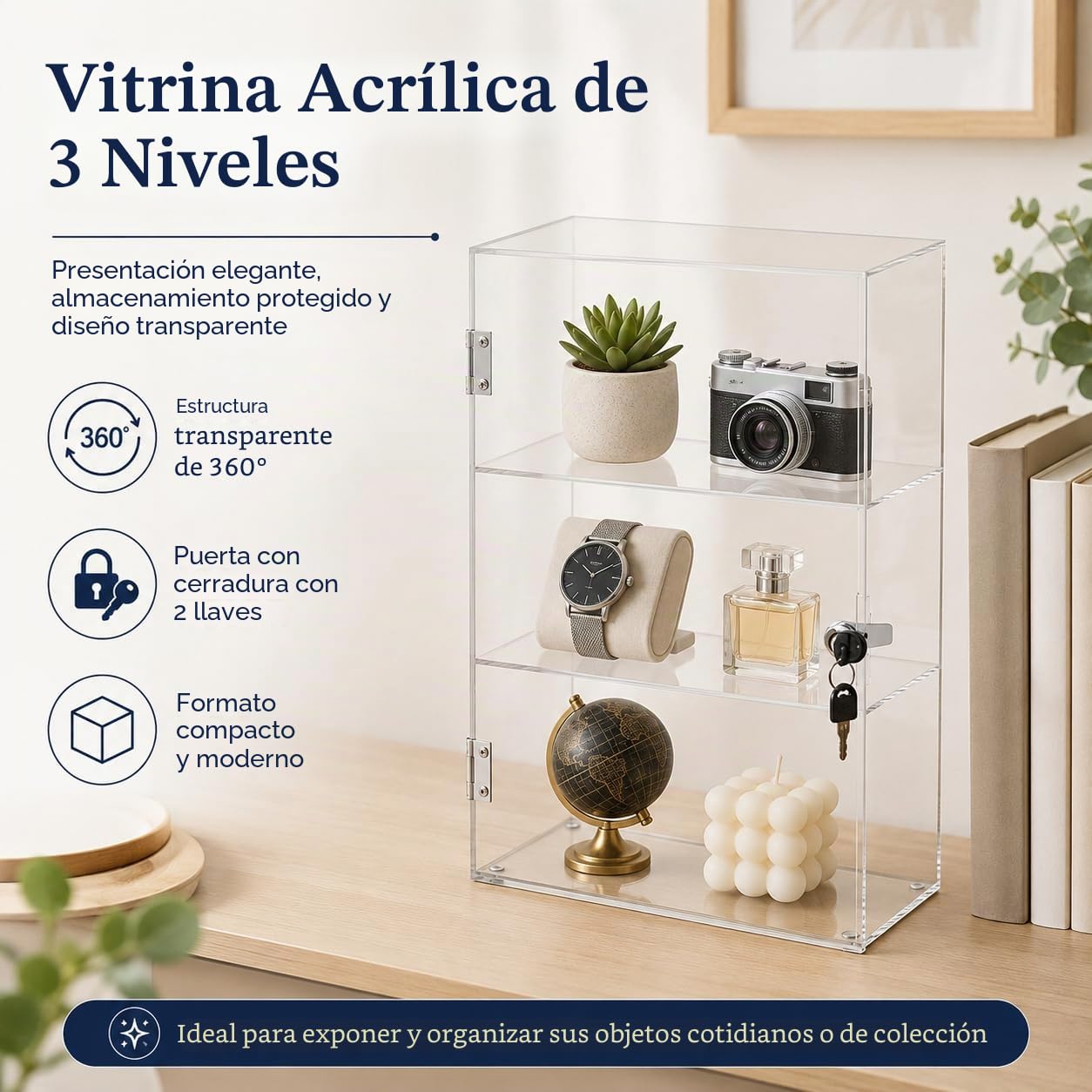 Vetrina con cierre de acrílico transparente de 3 niveles, con cerradura, expositor para casa, oficina, tienda, exposición, objetos de colección