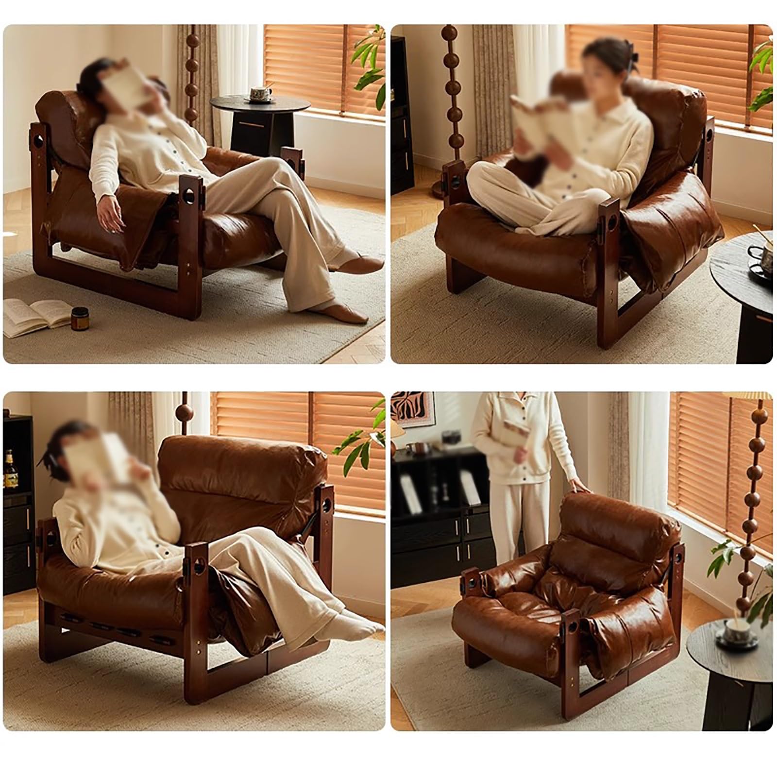 Fotel Relax Vintage, Retro Lounge Krzesło z Ramą z Drewna Gumowego i Skórą Olejowo-Woskową, Wygodne Siedzisko do Salonu i Biura(Red)