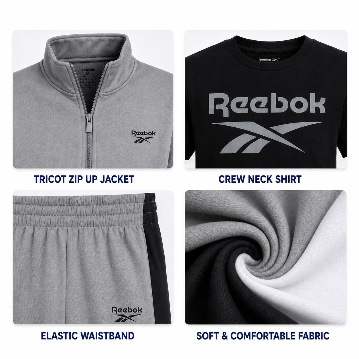 Reebok Jogger-Set für Jungen, 3-teilig, athletischer Trainingsanzug mit Trikot-Reißverschluss, Jacke, T-Shirt und Jogginghose für Jungen