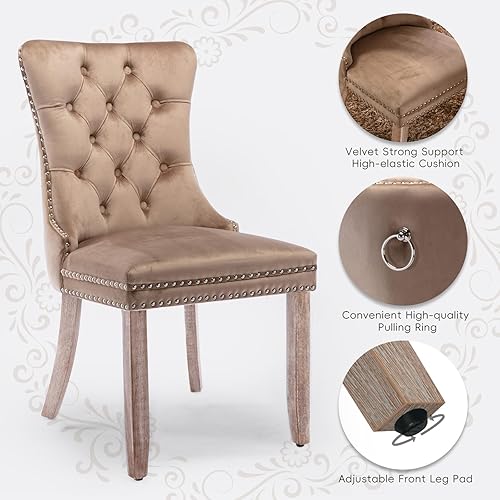 Miniatura 4 de Juego de 4 sillas de comedor tapizadas de terciopelo, sillas laterales de cocina de estilo moderno con ribete de cabeza de clavo y patas de madera,