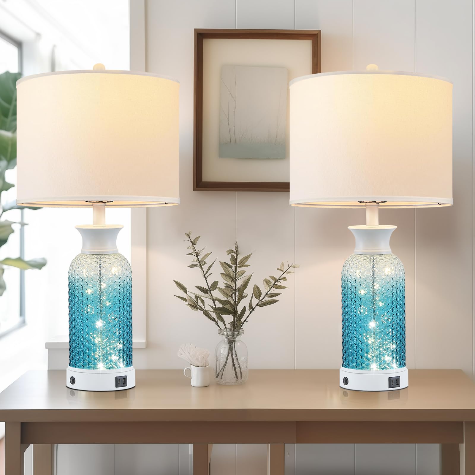 Spclsim 25.6" Modern Glass Table Lamps Set of 2 with Night Light, Coastal Dot Art Bedside Lamps with USB C A Port for Bedroom Nightstand Living Room End Table, Bulbs Included