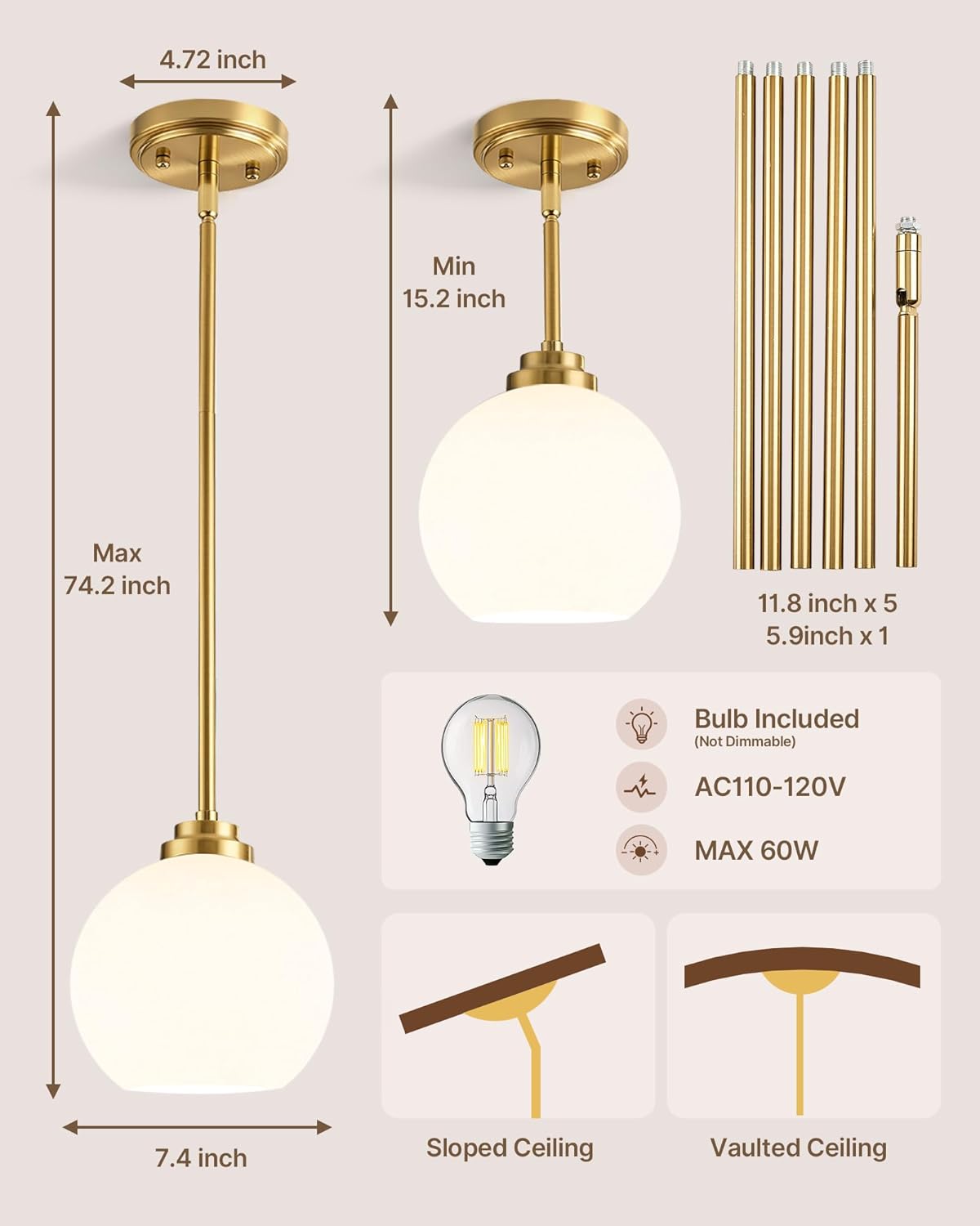Majade Globe Pendant Lights Kitchen Island Pendant Light Fixtures 7.4 Inch Gold Mid Century Modern Brushed Brass Pendant Lighting with Milk Glass Adjustable Hanging Light Fixtures for Dining Room