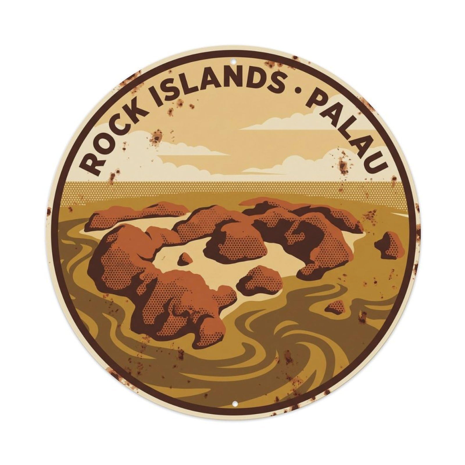Olyhtr 8X8inch Classic Style Burnt Palau Rock Islands Coastal Travel Aerial Sienna Metal Tin Sign